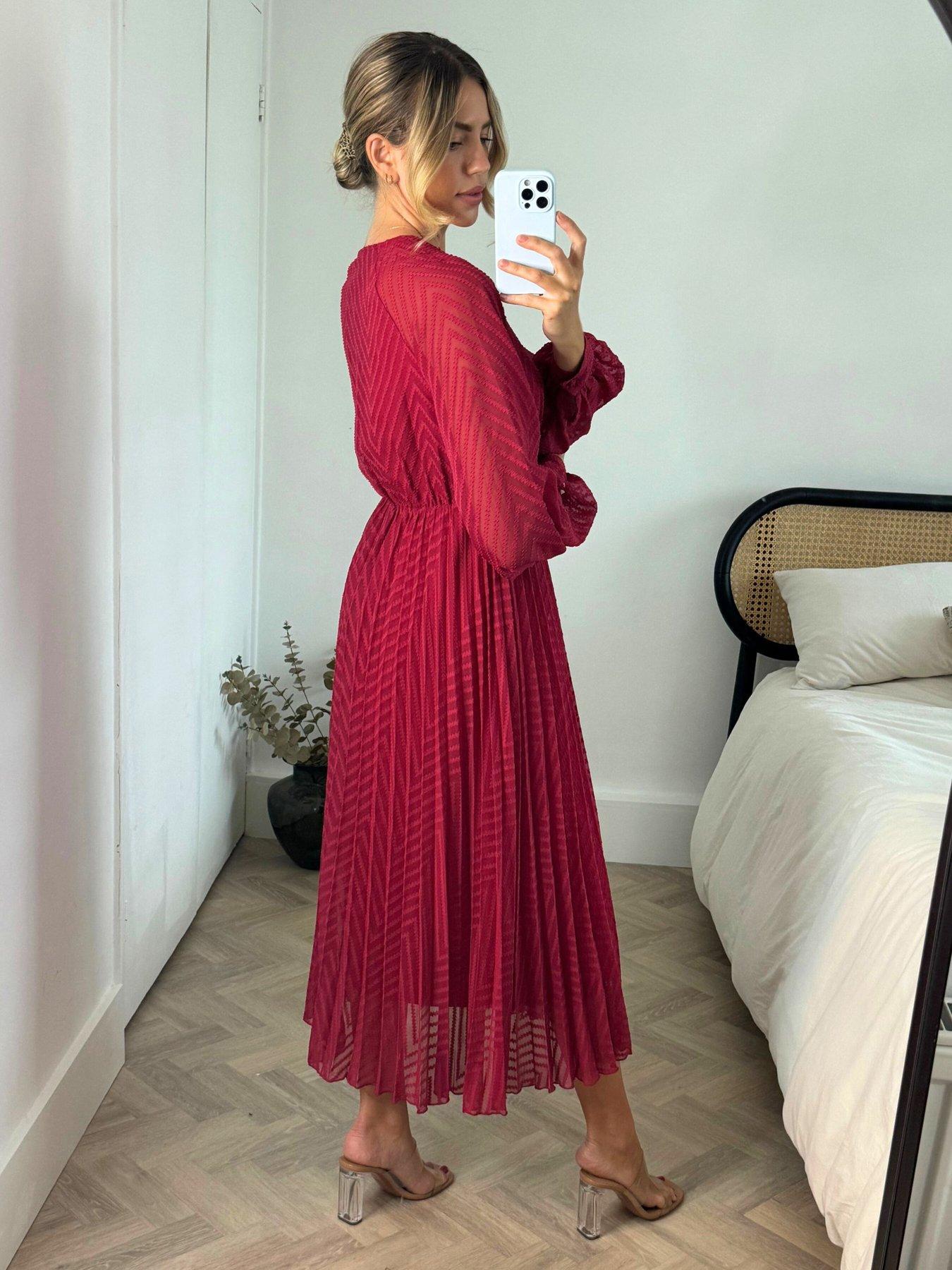 Image 3 of 4 of Style Cheat Long Sleeve V Neck Midi Dress - Red