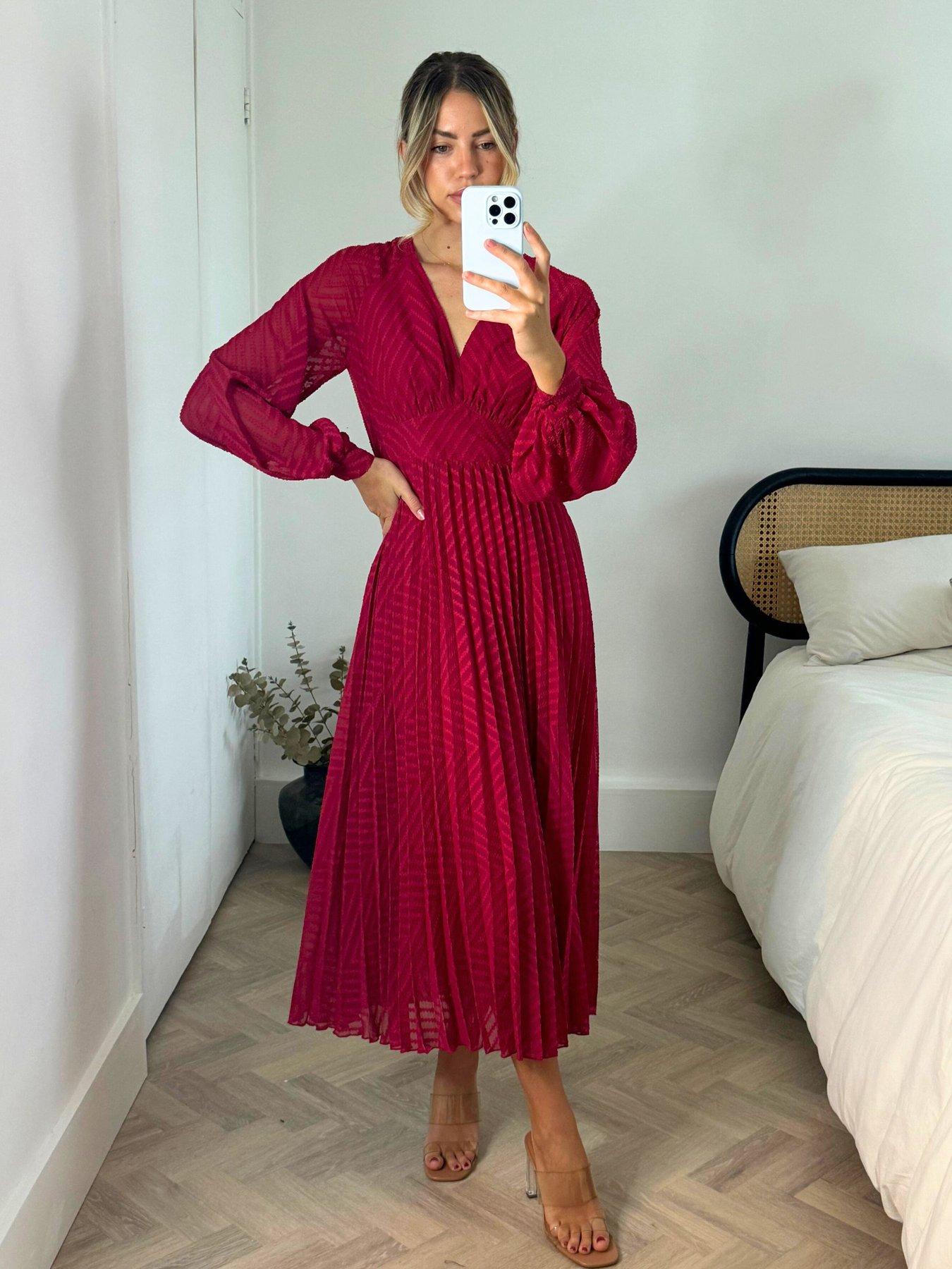 Image 4 of 4 of Style Cheat Long Sleeve V Neck Midi Dress - Red