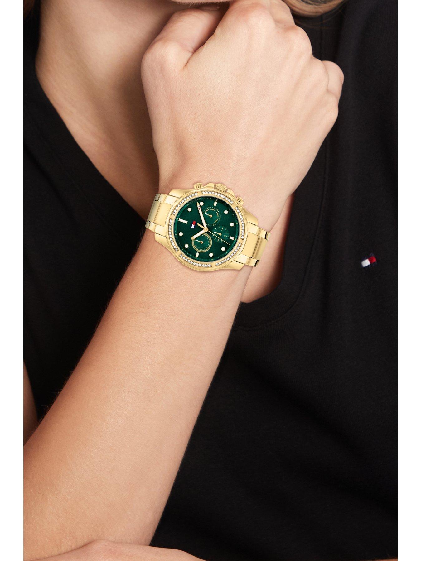 tommy-hilfiger-brooklyn-ladies-gold-plated-green-dial-watchoutfit