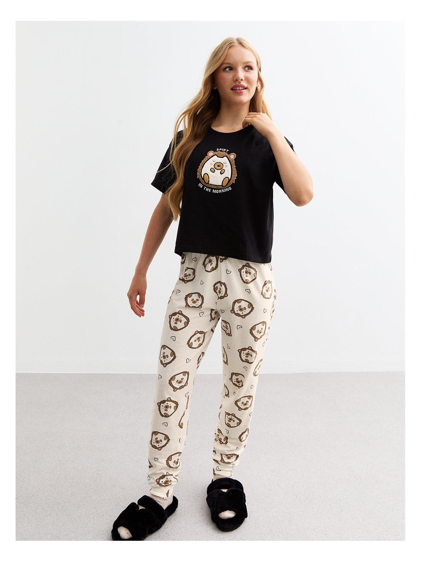 new-look-915-girls-black-hedgehog-print-jersey-pyjama-set