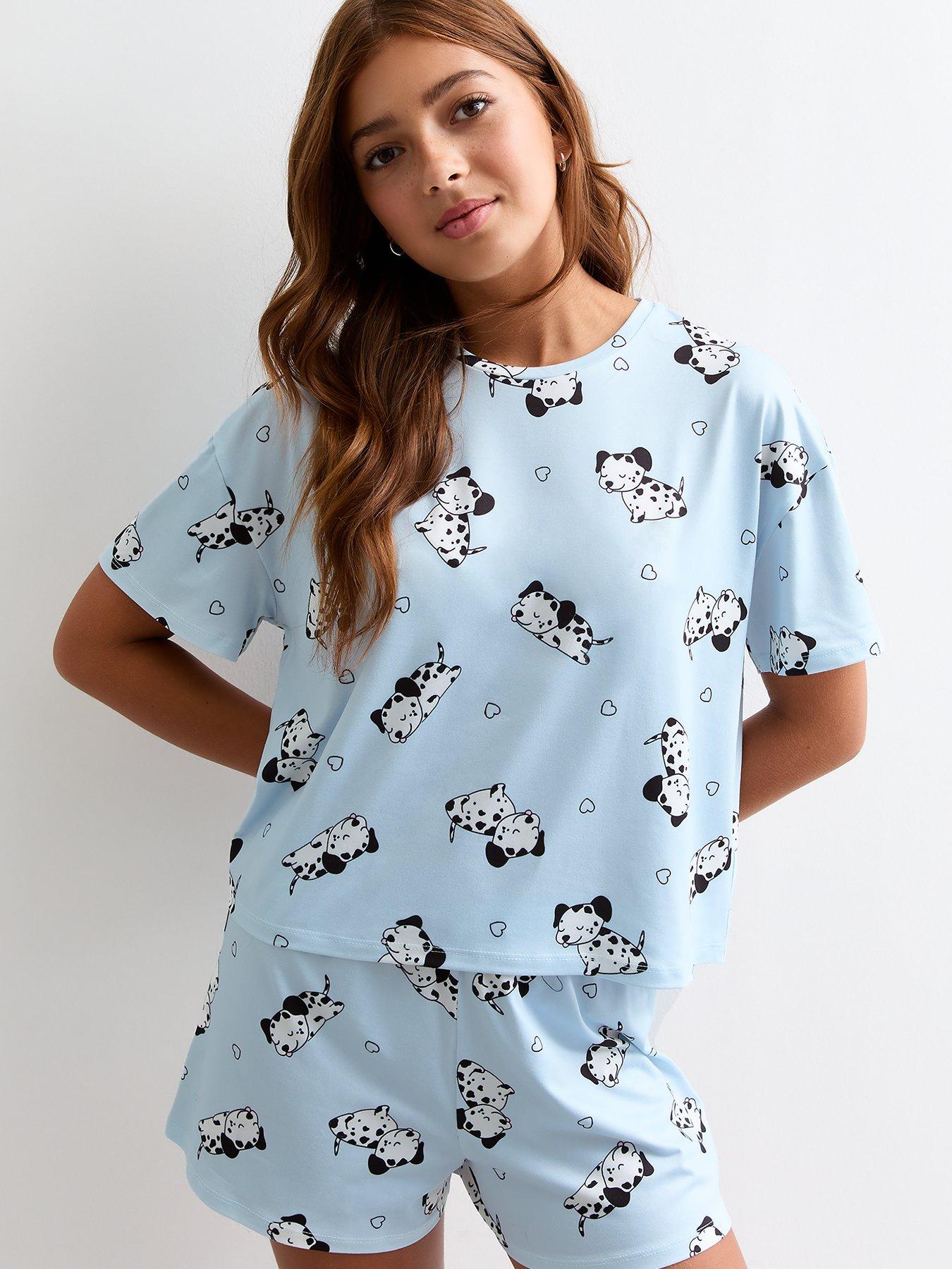 new-look-915-girls-blue-dalmatian-print-shorts-and-t-shirt-jersey-pyjama-set