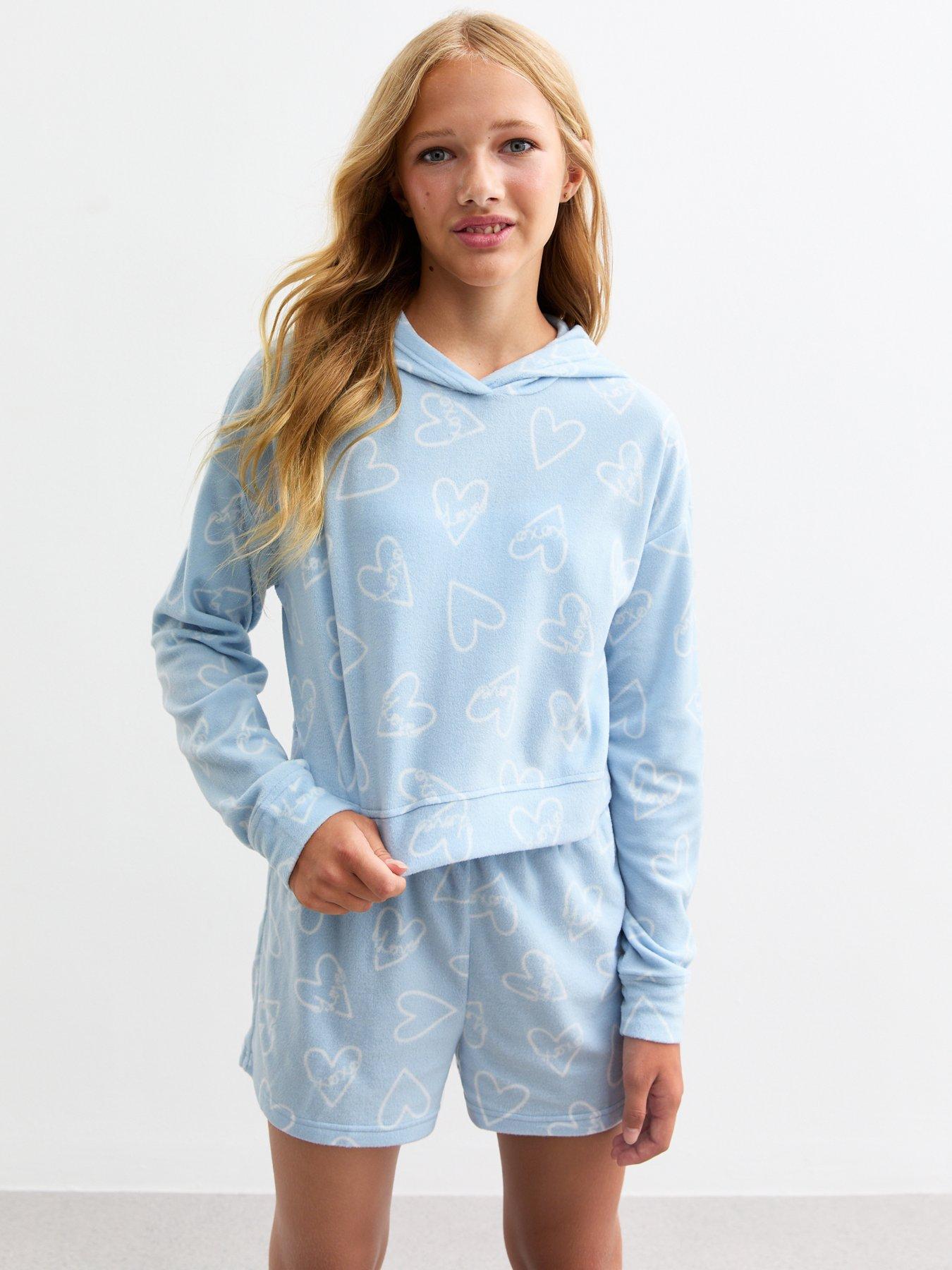 new-look-915-girls-blue-heart-fleece-short-pyjama-set