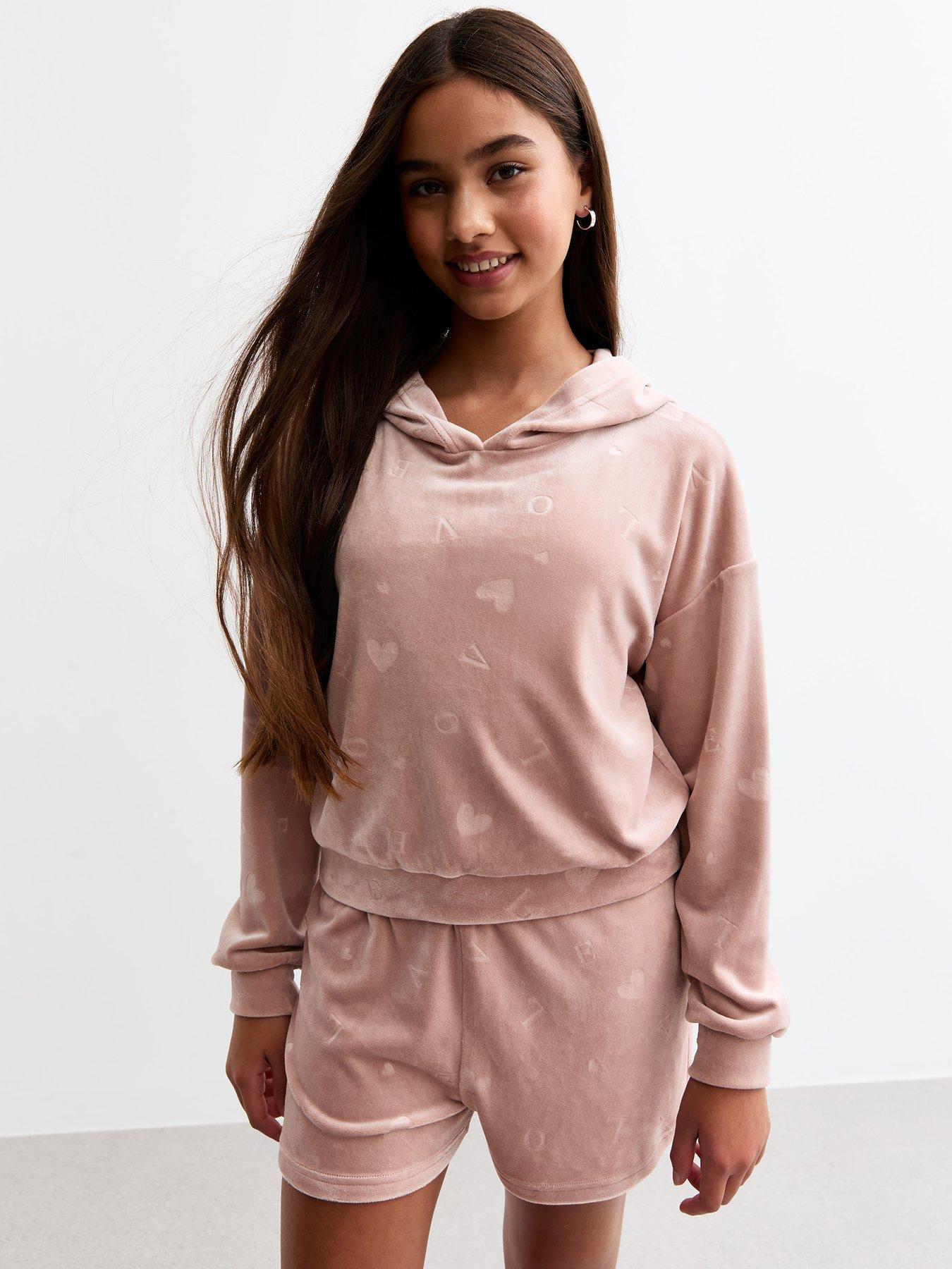 new-look-915-girls-dusty-pink-burnout-velour-hoodie-and-shorts-set