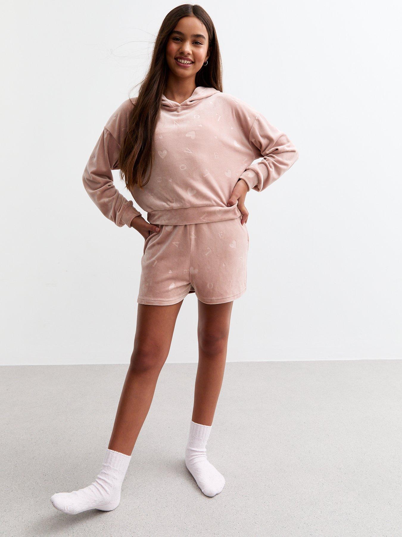 new-look-915-girls-dusty-pink-burnout-velour-hoodie-and-shorts-setback