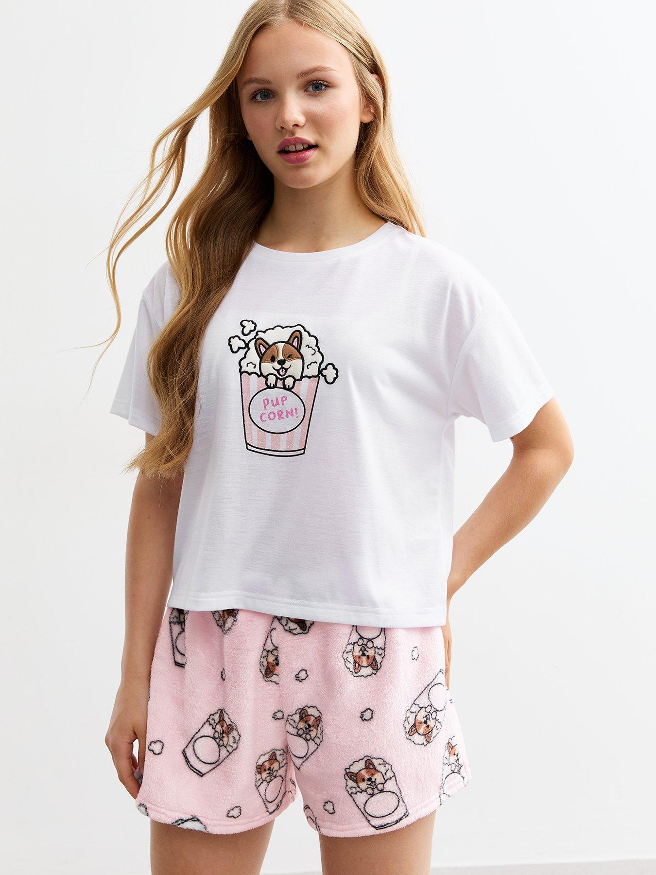 new-look-915-girls-white-pupcorn-print-fleece-short-pyjama-set