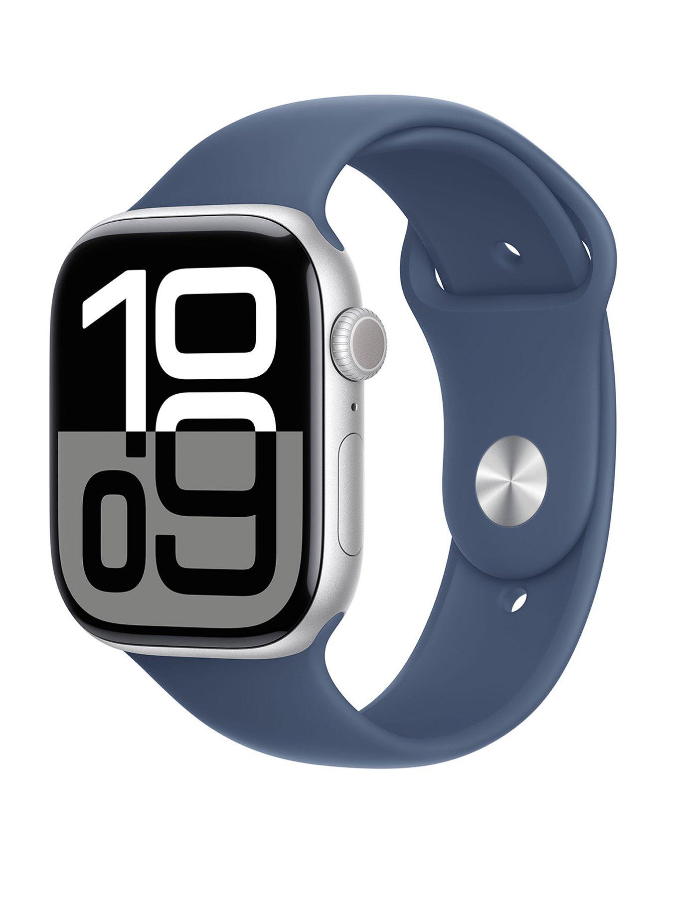 Image 1 of 8 of Apple Watch Series 10 (GPS + Cellular), 46mm Silver Aluminium Case with Denim Sport Band - M/L