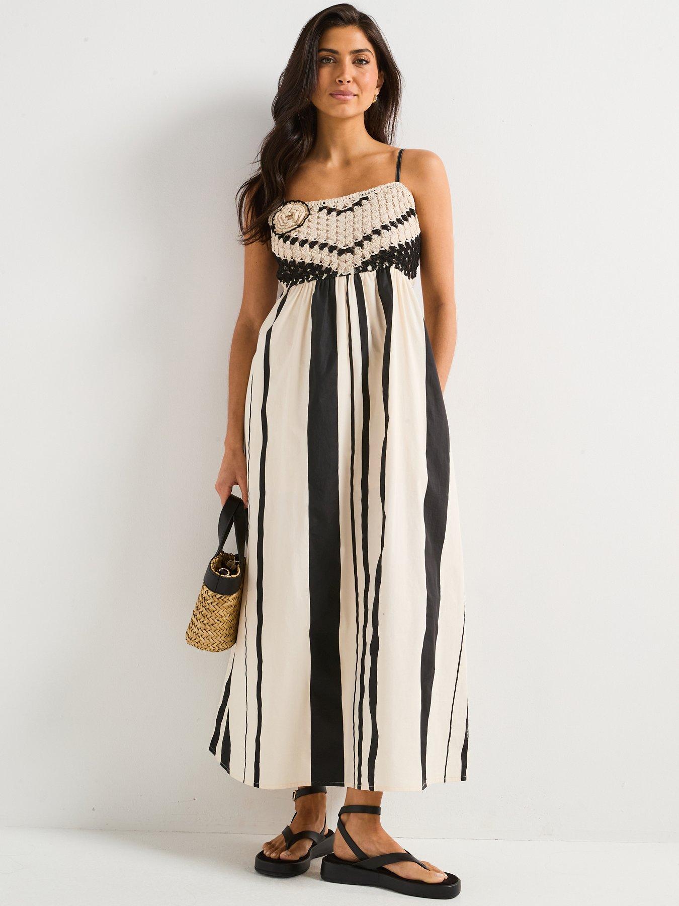 V by Very Corsage Detail Knitted Stripe Midaxi Dress - Black