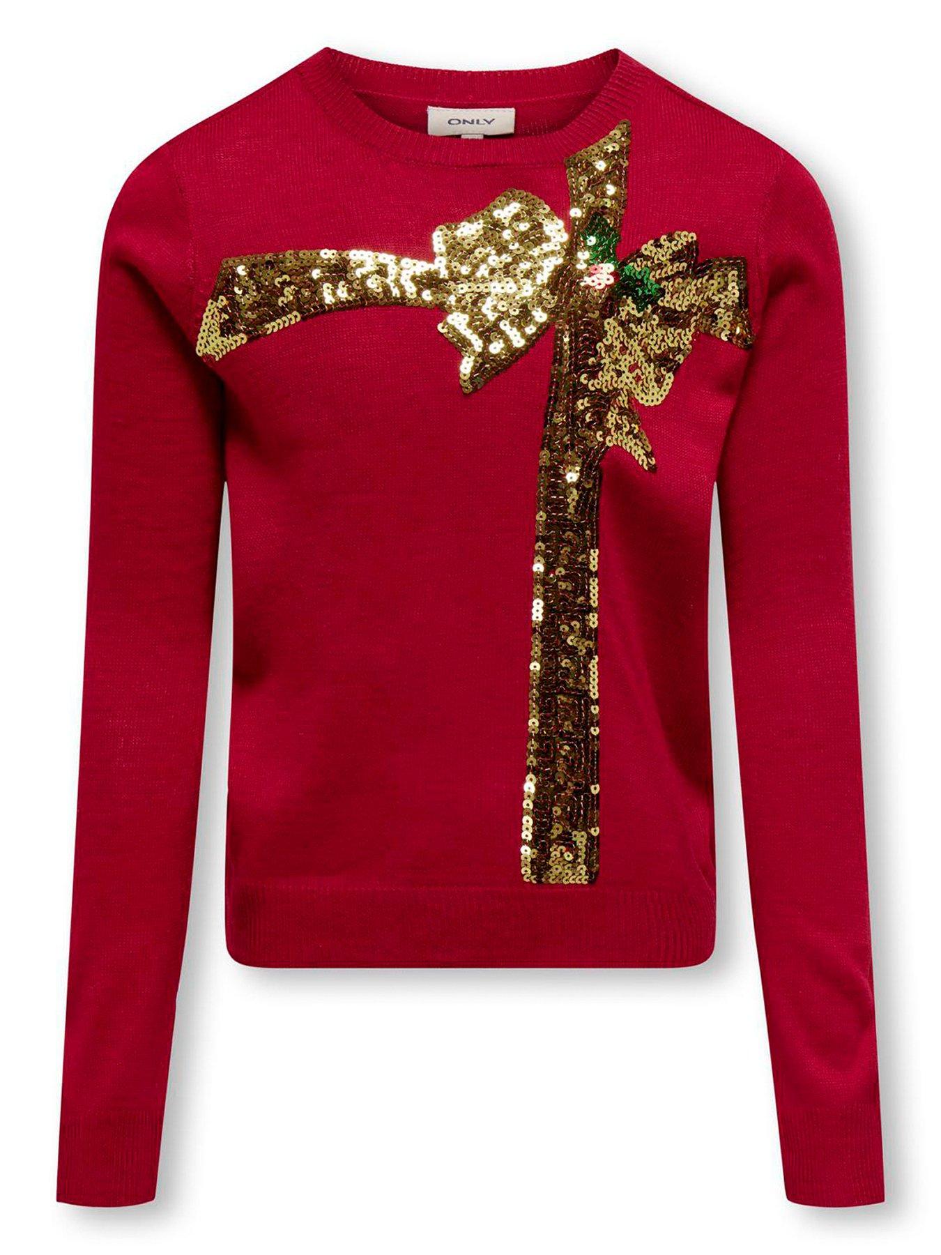 Only Kids Girls Sequin Bow Christmas Jumper Chili Pepper Red