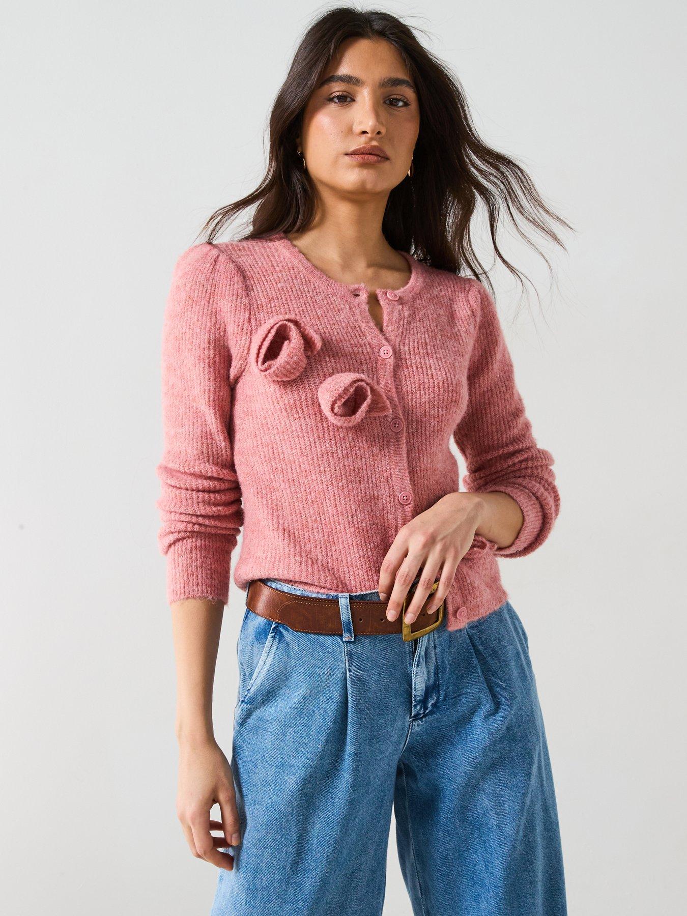 v-by-very-crew-neck-rosette-detail-cardigan-with-wool-pink