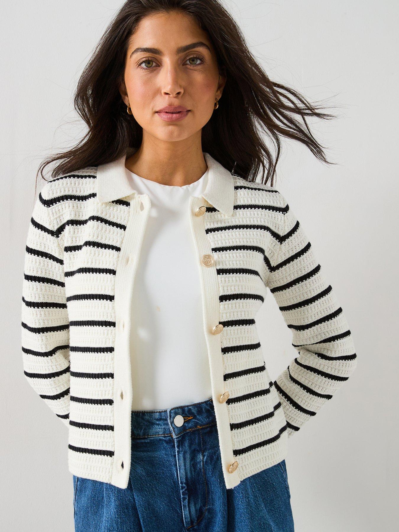 Image 1 of 6 of V by Very Cotton Rich Textured Collared Striped Cardigan - Mono