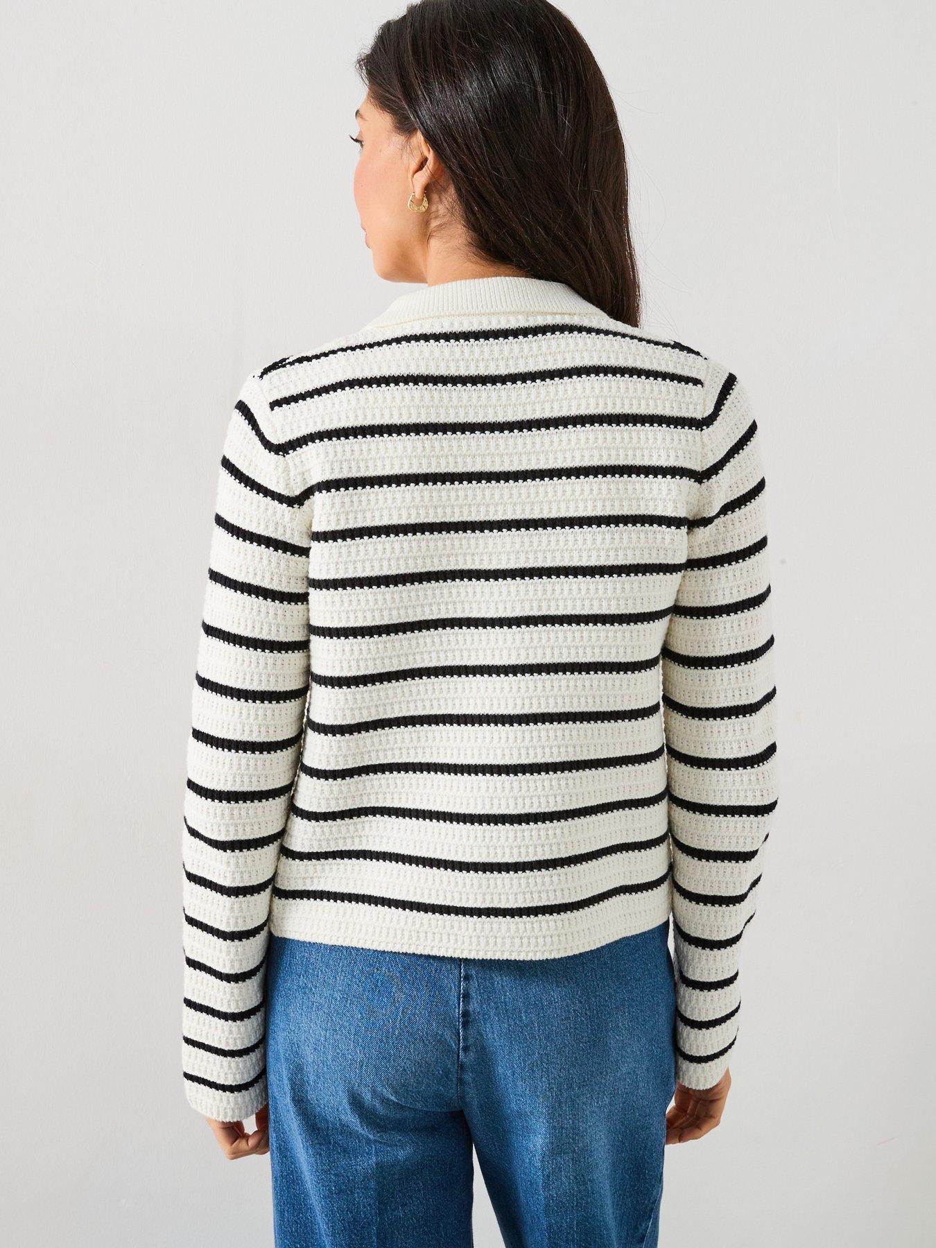 Image 2 of 6 of V by Very Cotton Rich Textured Collared Striped Cardigan - Mono
