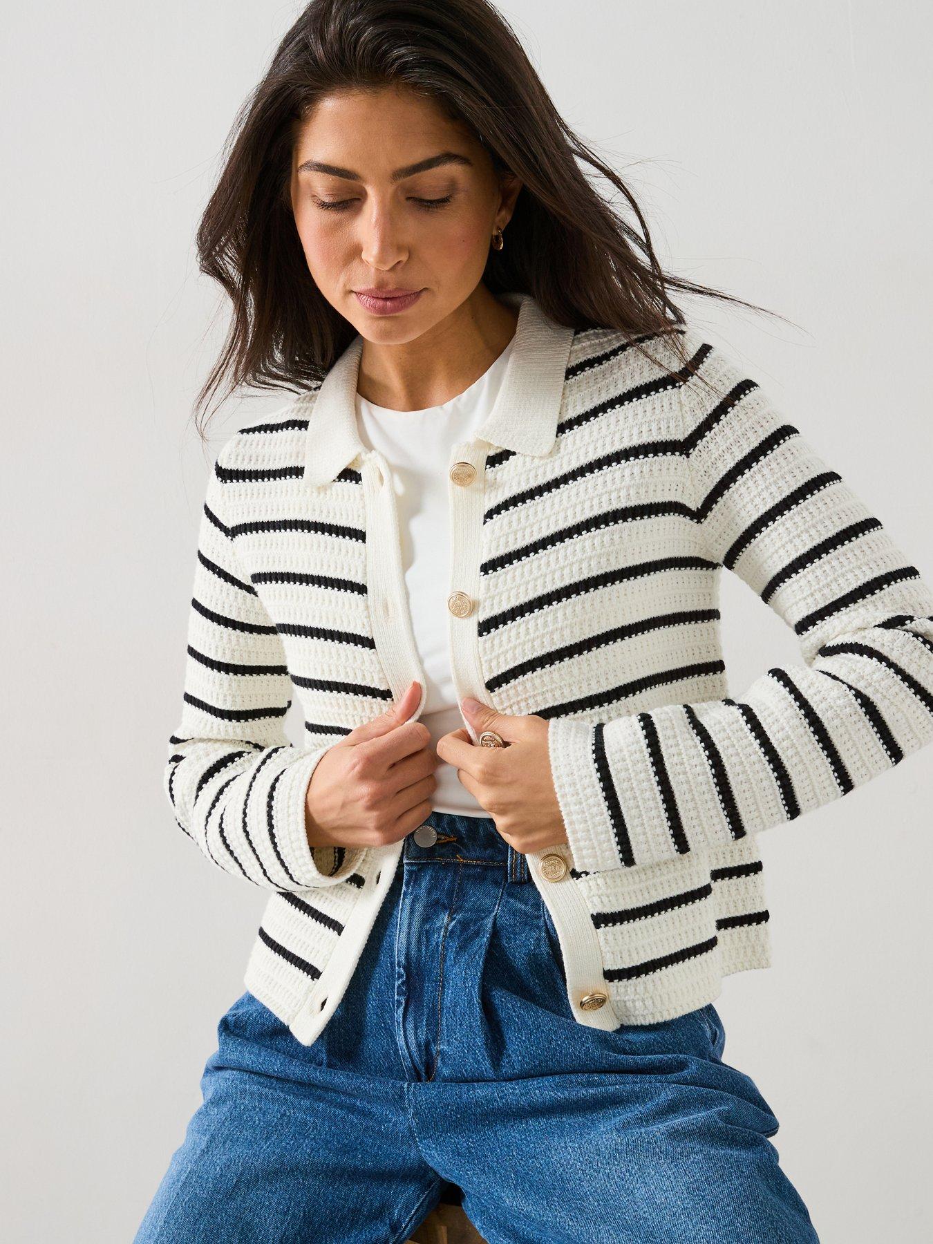 Image 4 of 6 of V by Very Cotton Rich Textured Collared Striped Cardigan - Mono