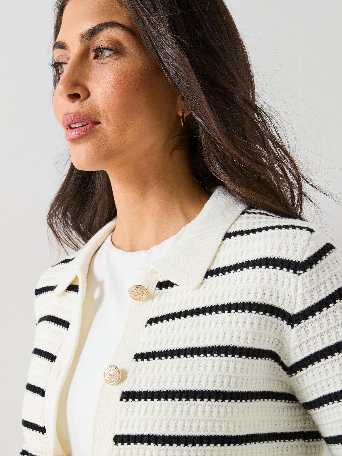 Image 5 of 6 of V by Very Cotton Rich Textured Collared Striped Cardigan - Mono