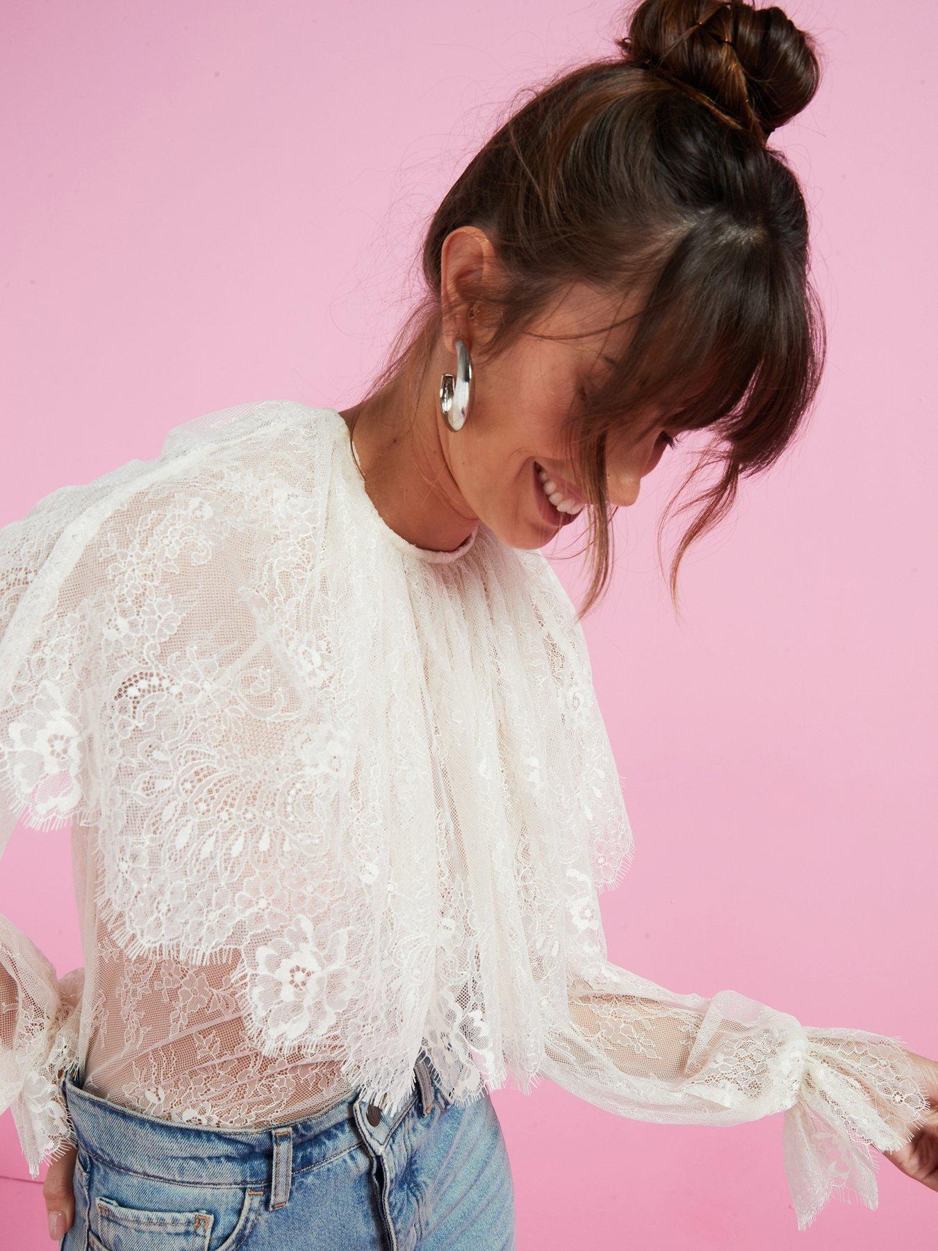 V by Very Lace Frill Yoke Blouse Cream Very Ireland
