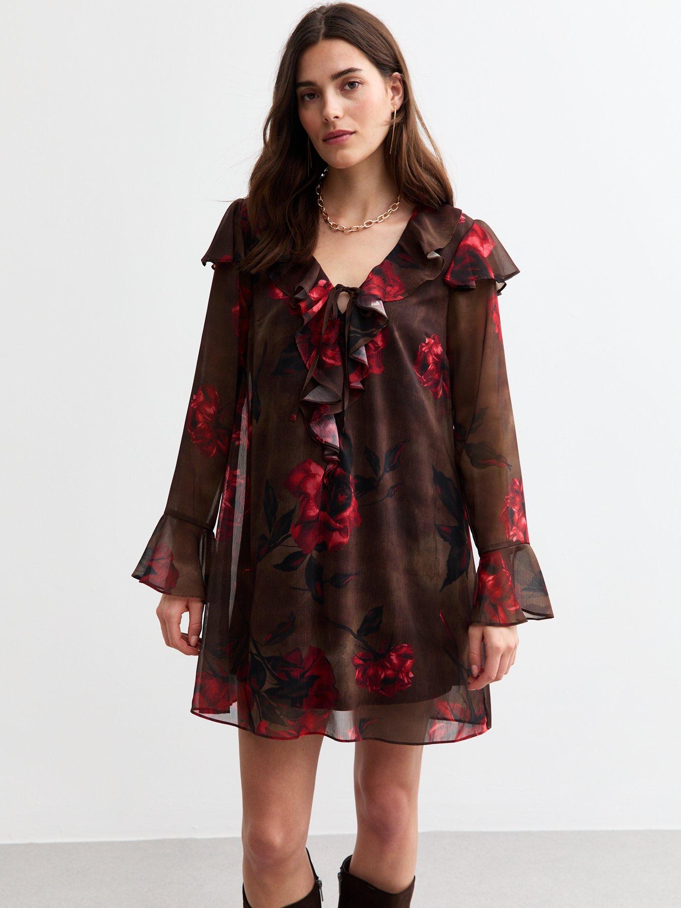 new-look-ruffle-trim-long-sleeve-rose-print-mini-dress-brown