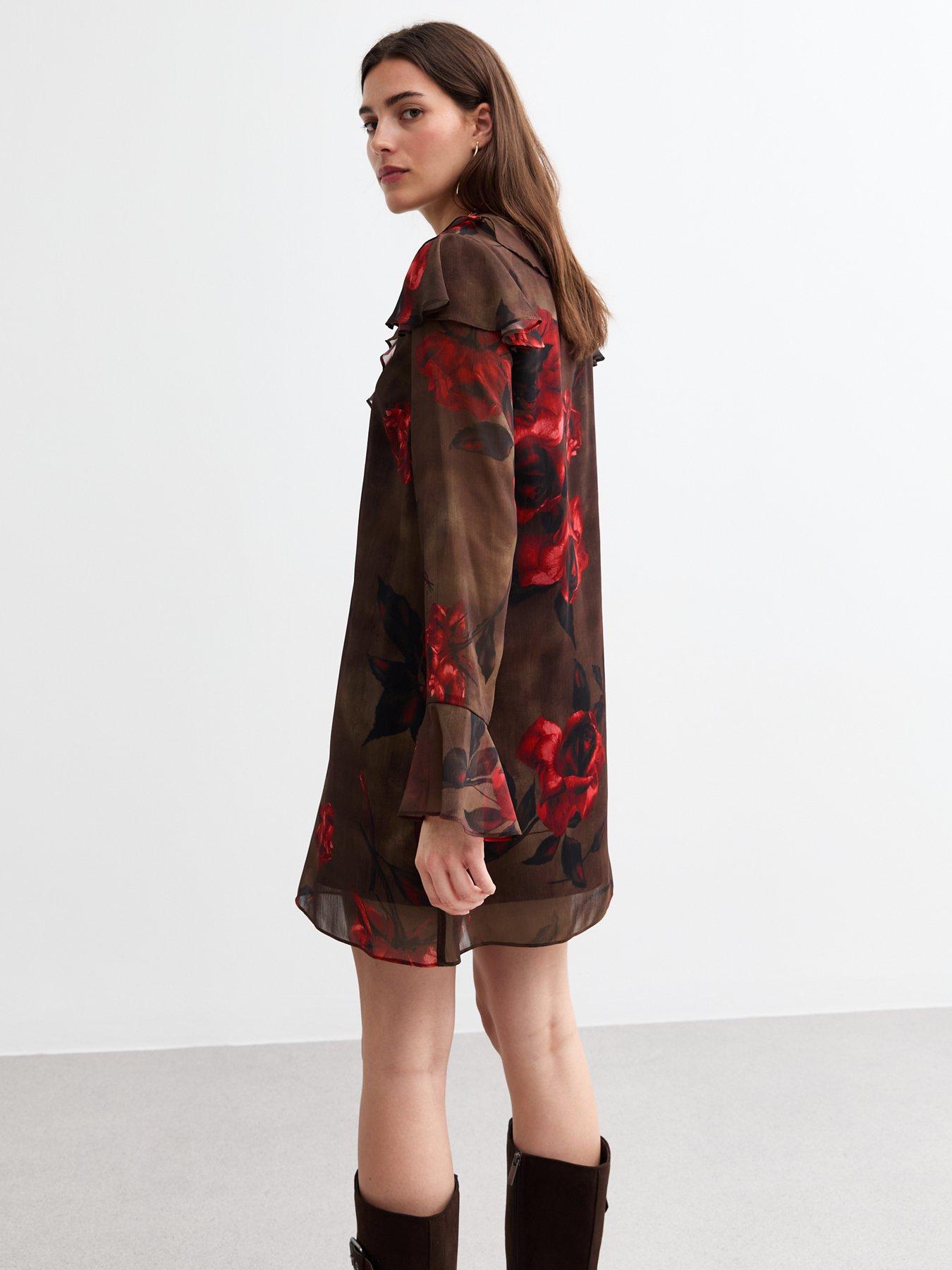 new-look-ruffle-trim-long-sleeve-rose-print-mini-dress-brownstillFront