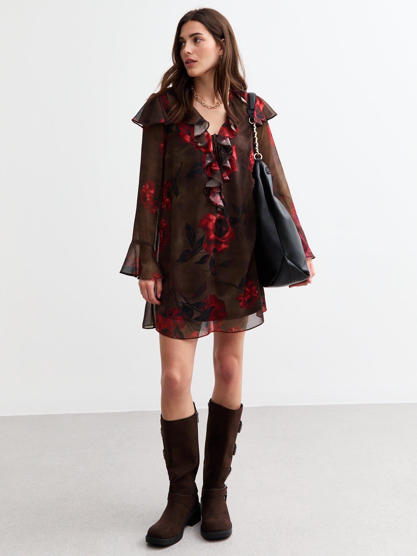 new-look-ruffle-trim-long-sleeve-rose-print-mini-dress-brownback