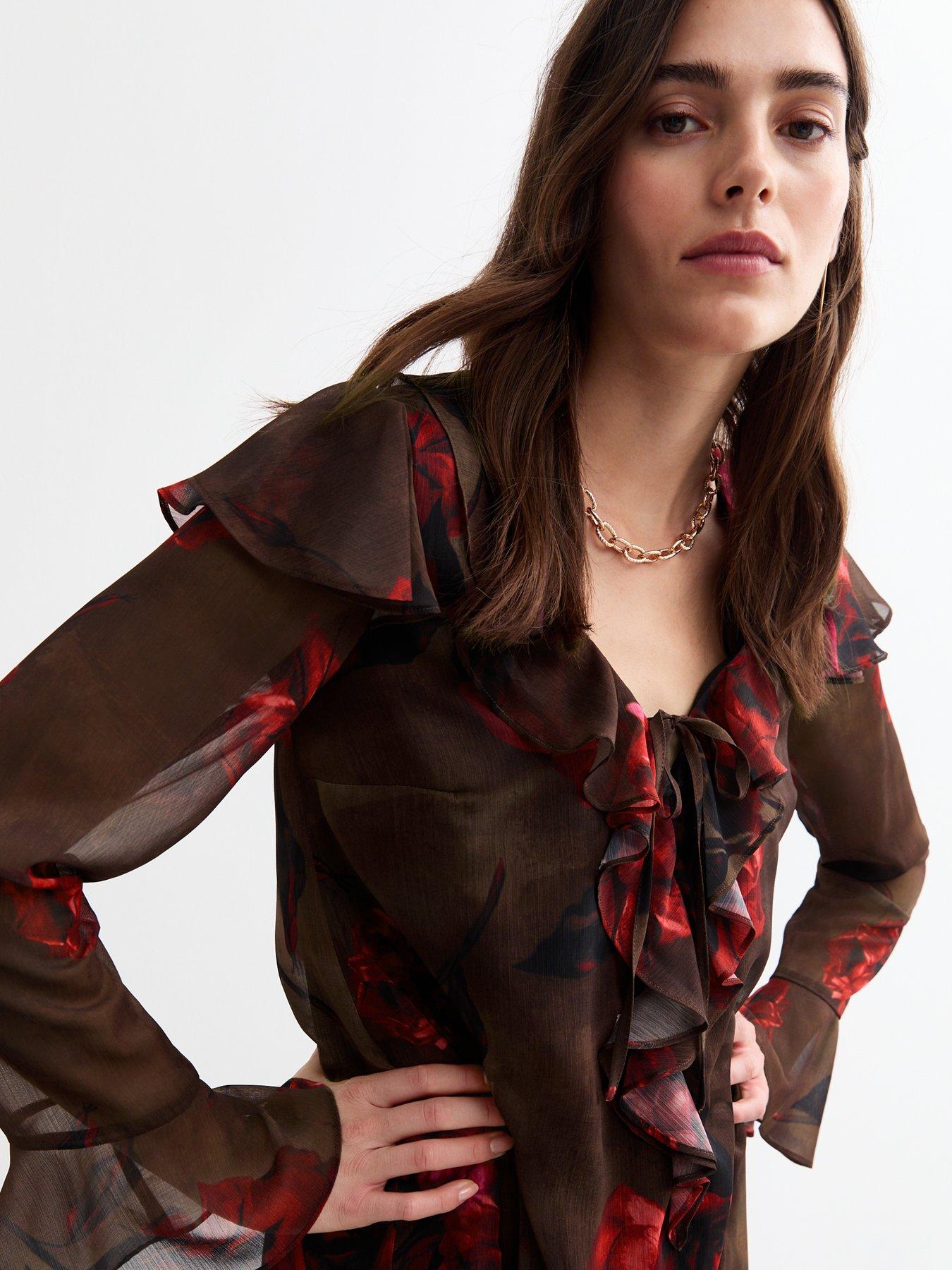 new-look-ruffle-trim-long-sleeve-rose-print-mini-dress-brownoutfit