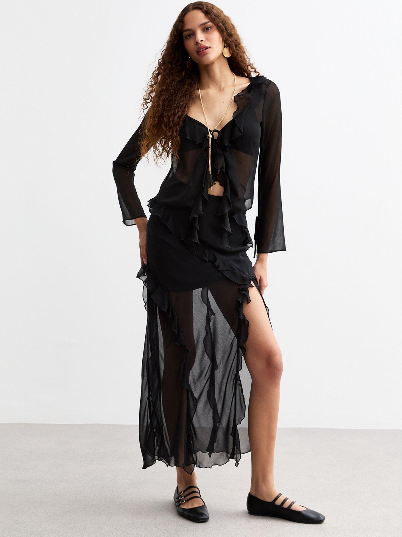 Image 1 of 4 of New Look Sheer Chiffon Ruffle Trim Maxi Skirt - Black