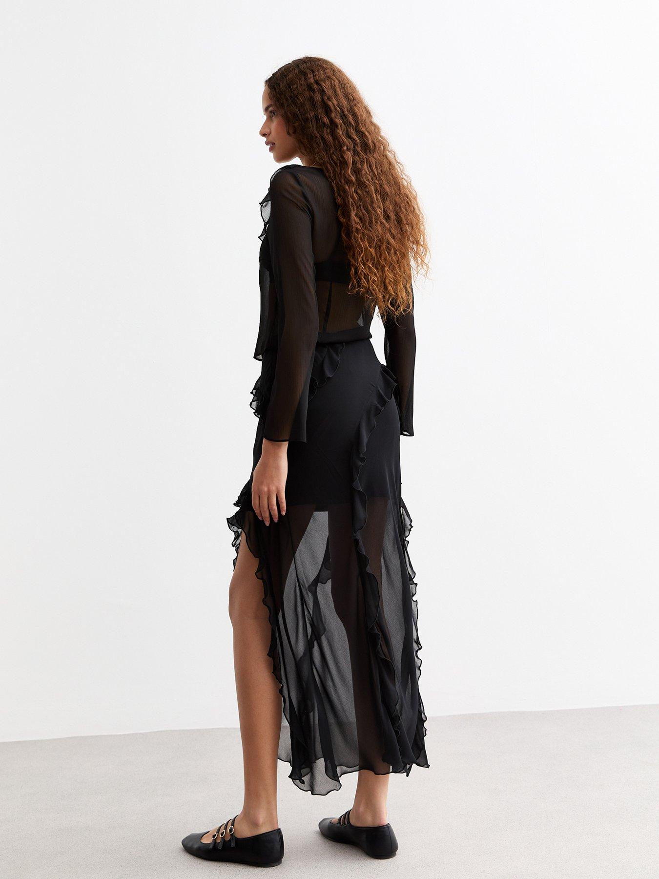 Image 2 of 4 of New Look Sheer Chiffon Ruffle Trim Maxi Skirt - Black