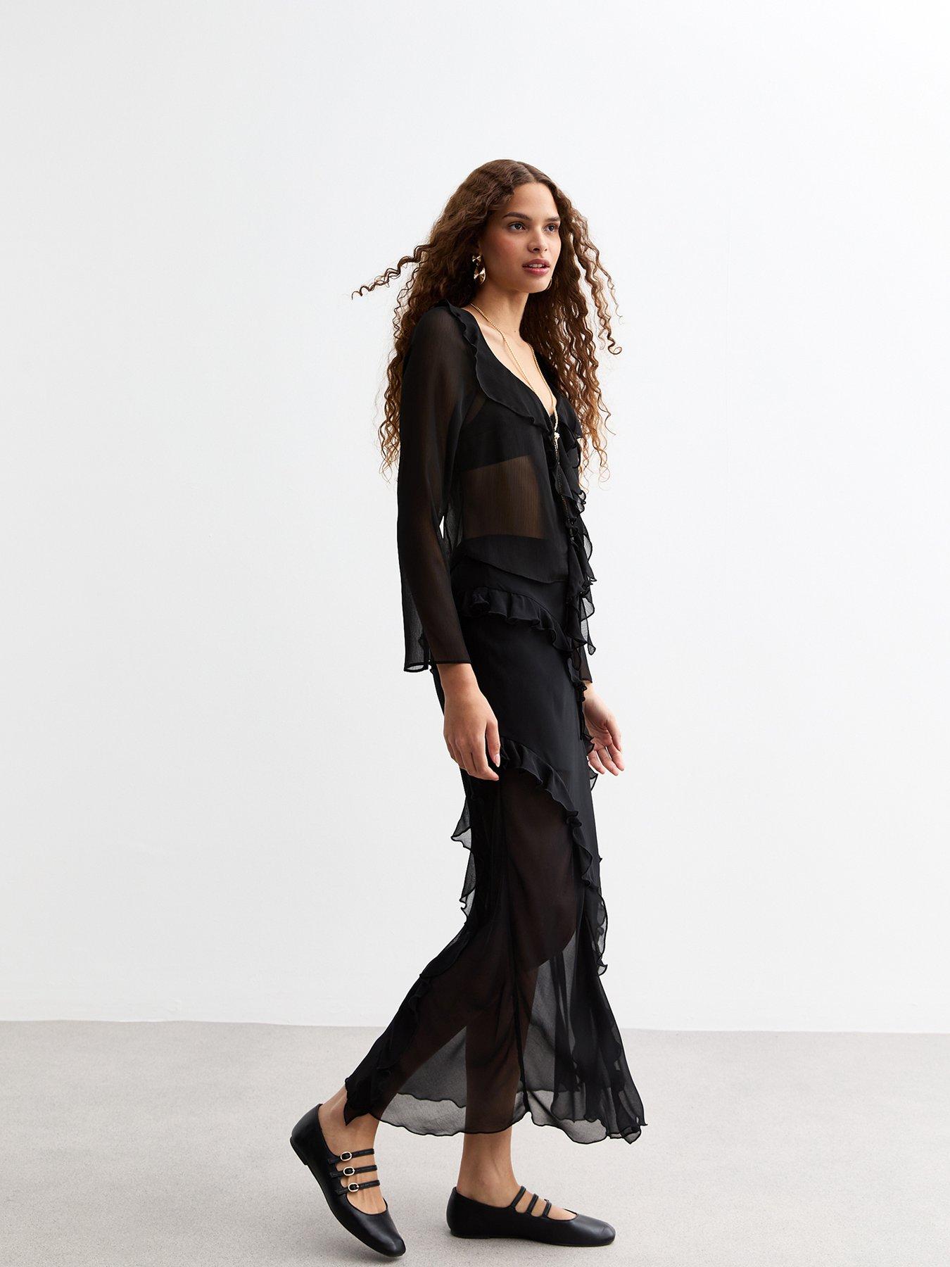 Image 3 of 4 of New Look Sheer Chiffon Ruffle Trim Maxi Skirt - Black