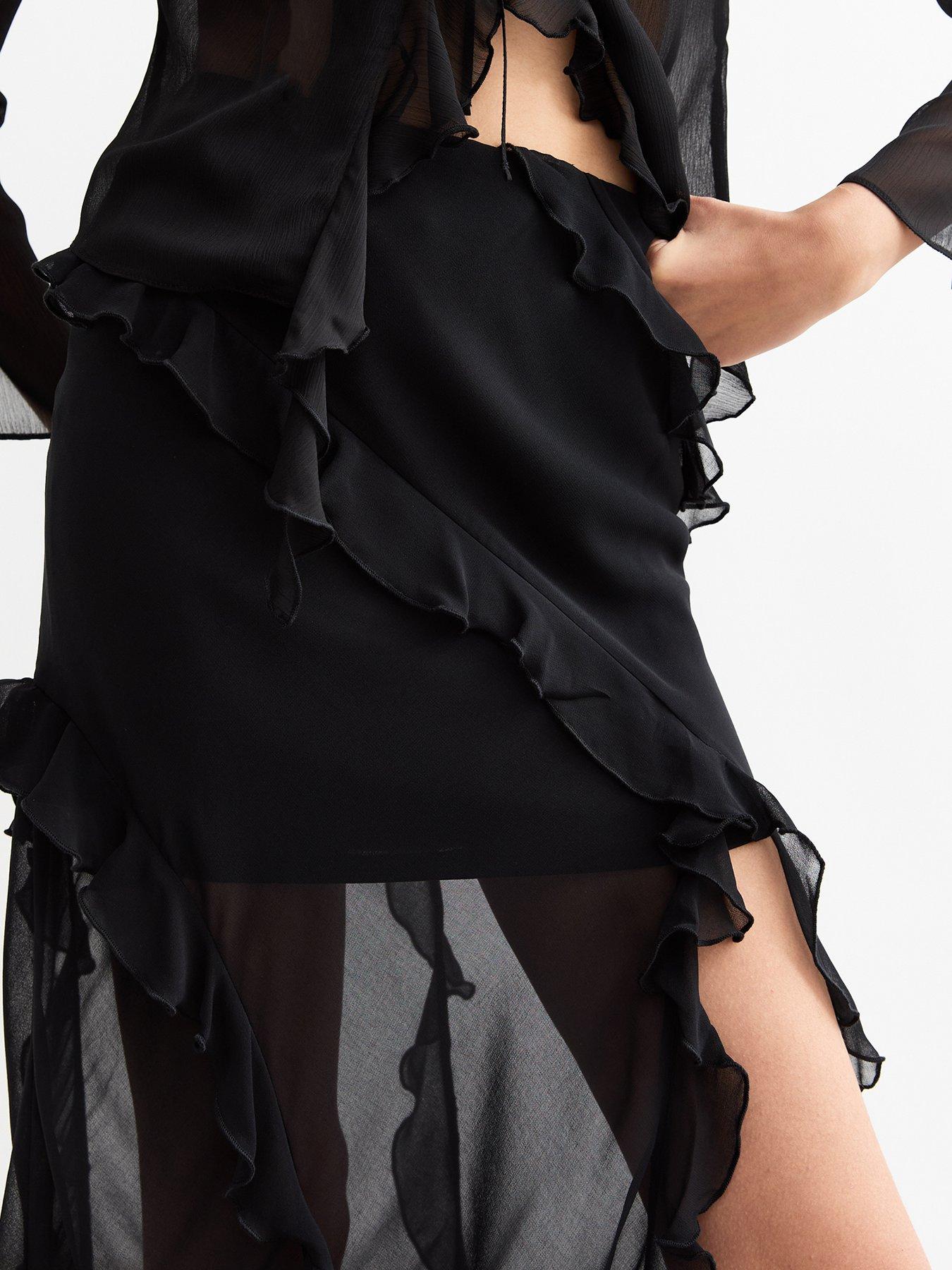 Image 4 of 4 of New Look Sheer Chiffon Ruffle Trim Maxi Skirt - Black