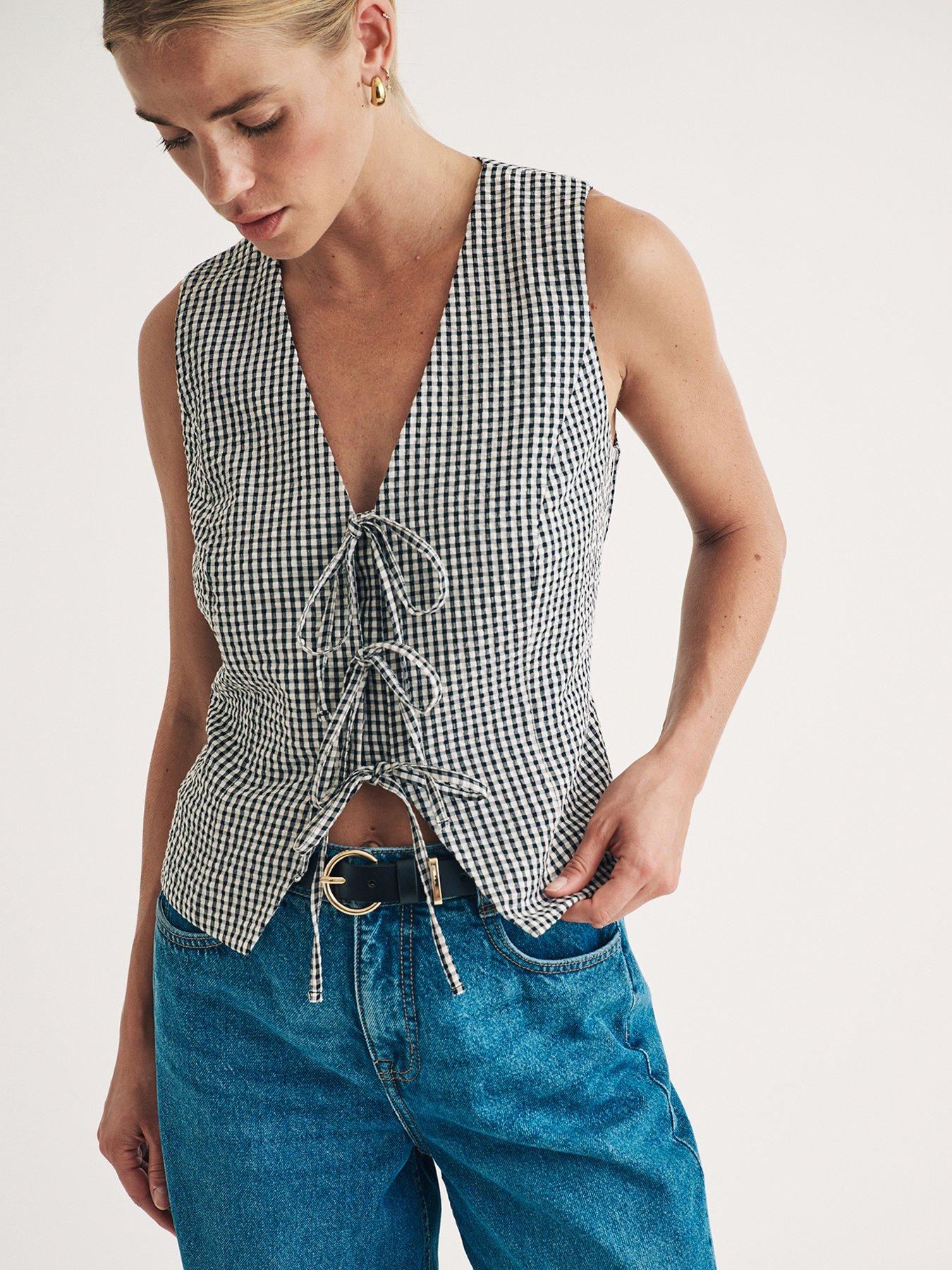 nobodys-child-gingham-tie-detail-waistcoat-top-blackfront