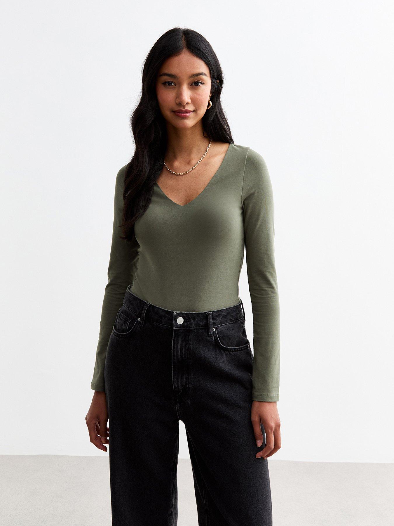 new-look-v-neck-long-sleeved-bodysuit-khaki