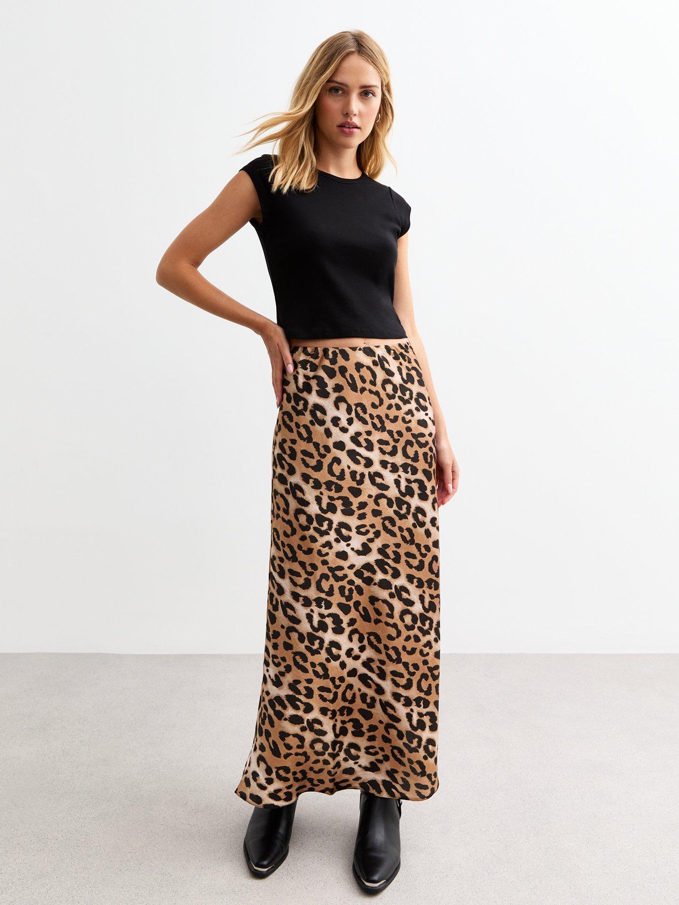 new-look-brown-animal-print-satin-midi-skirt