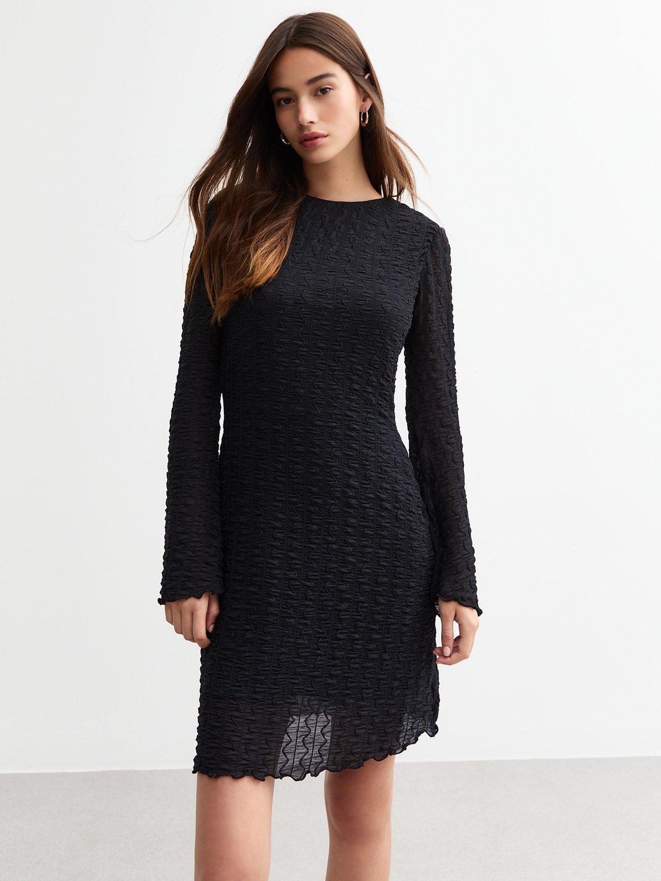 new-look-textured-fabric-shirred-shift-mini-dress-black