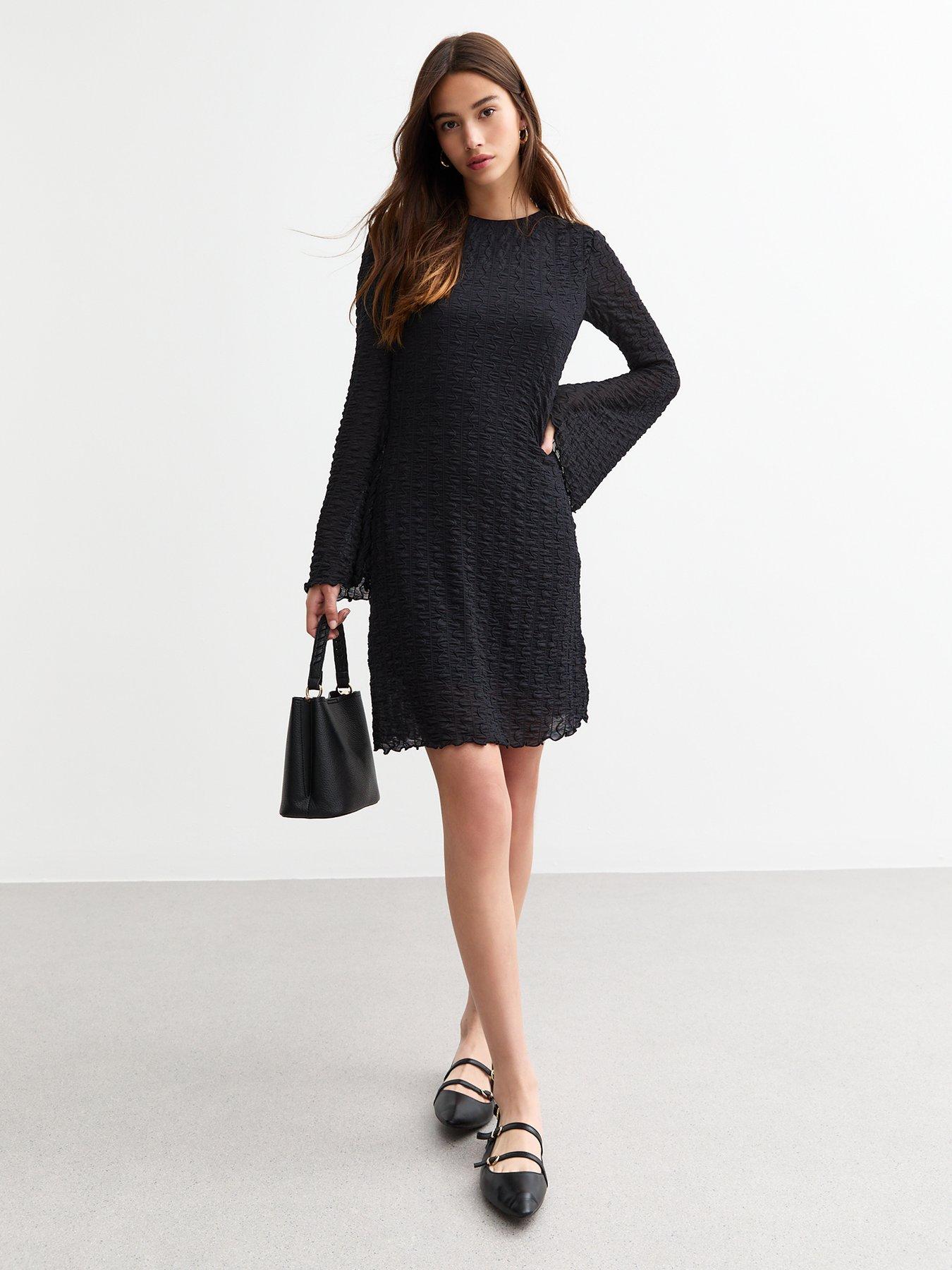 new-look-textured-fabric-shirred-shift-mini-dress-blackback