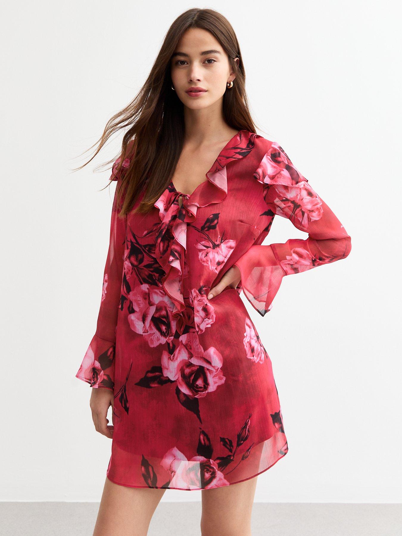 new-look-ruffle-trim-long-sleeve-mini-dress-red