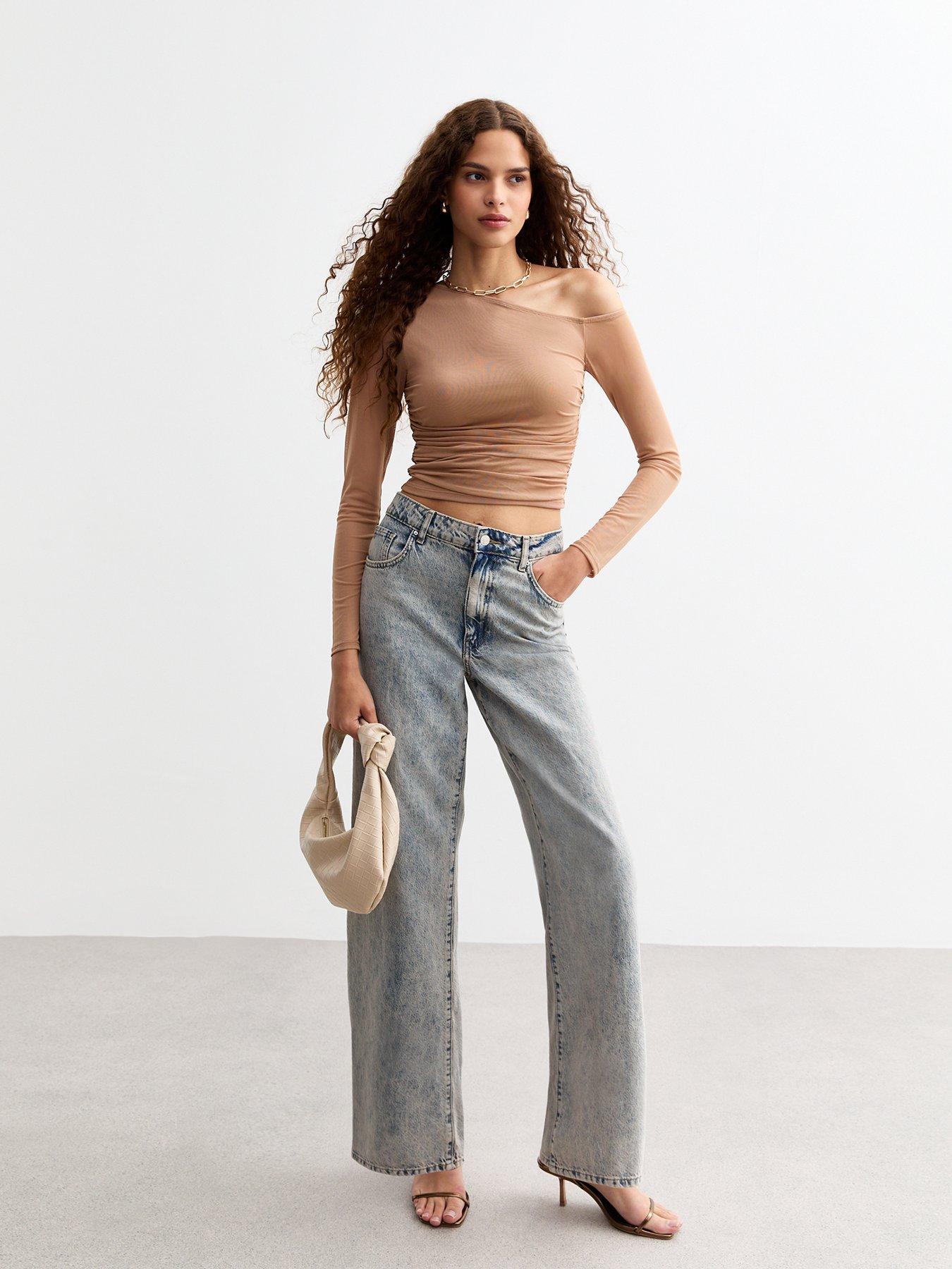 new-look-ruched-mesh-one-shoulder-long-sleeve-crop-top-browndetail