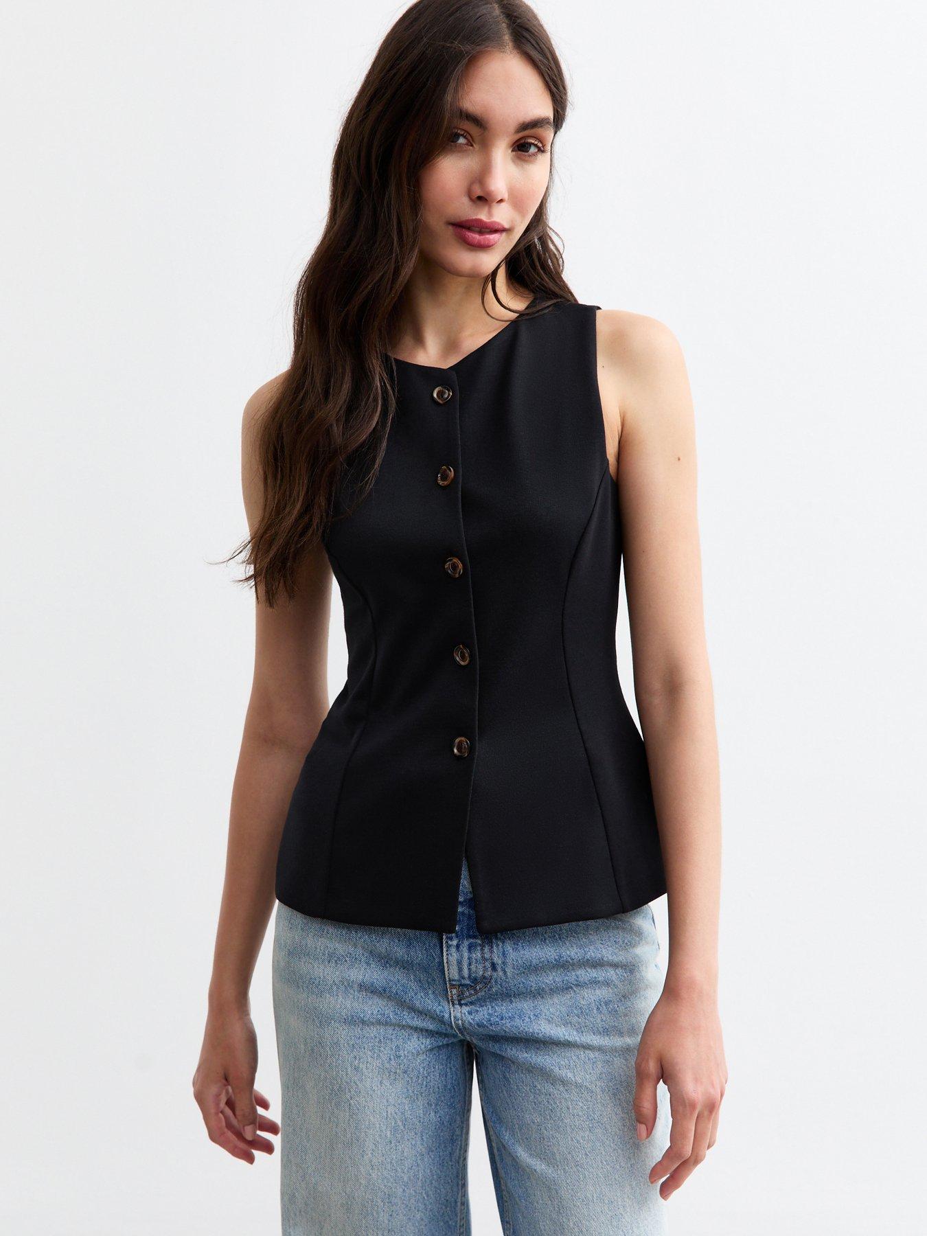 new-look-ponte-crew-neck-button-down-top-black