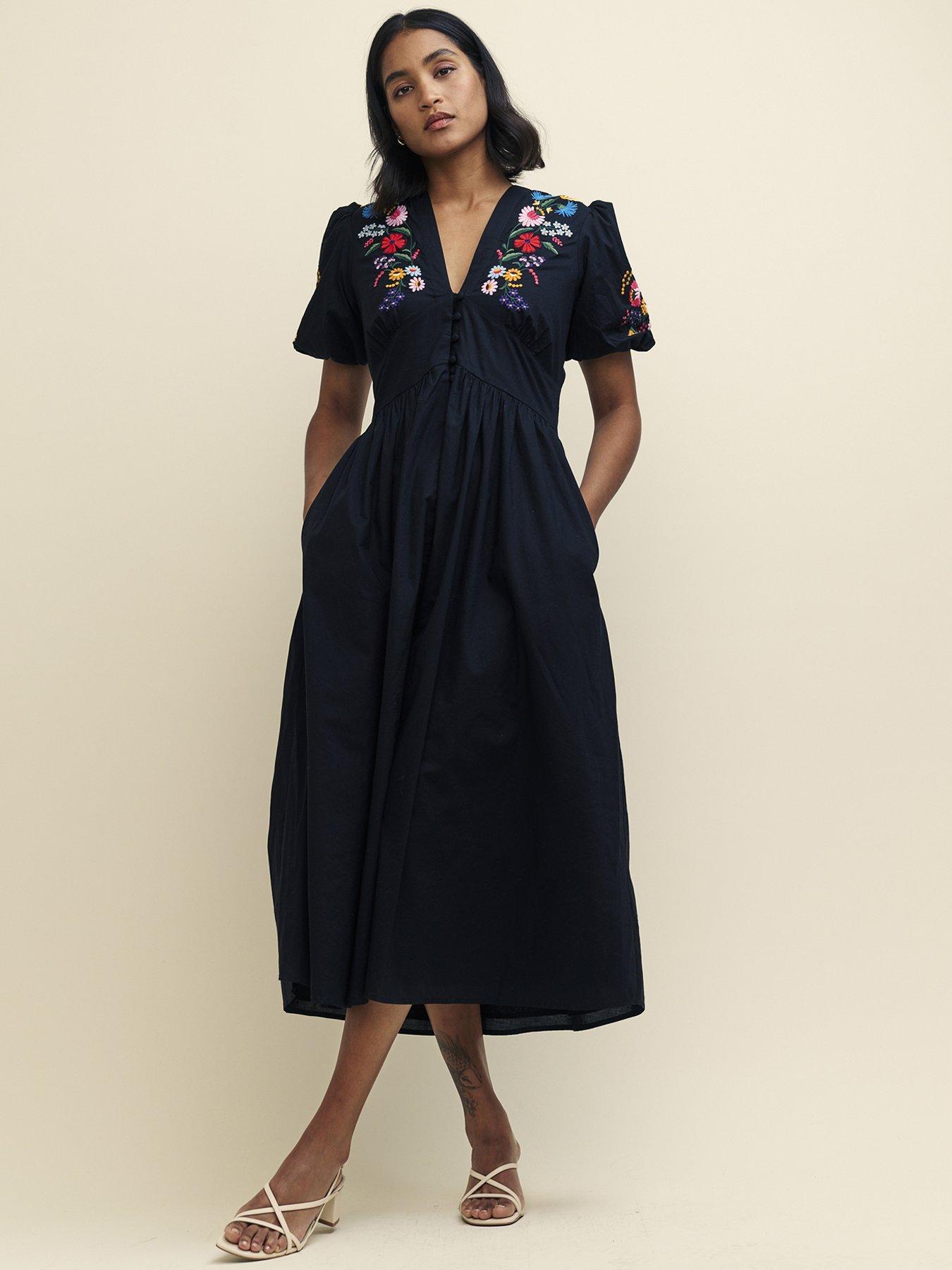 nobodys-child-embroidered-short-sleeve-midi-dress-blackfront