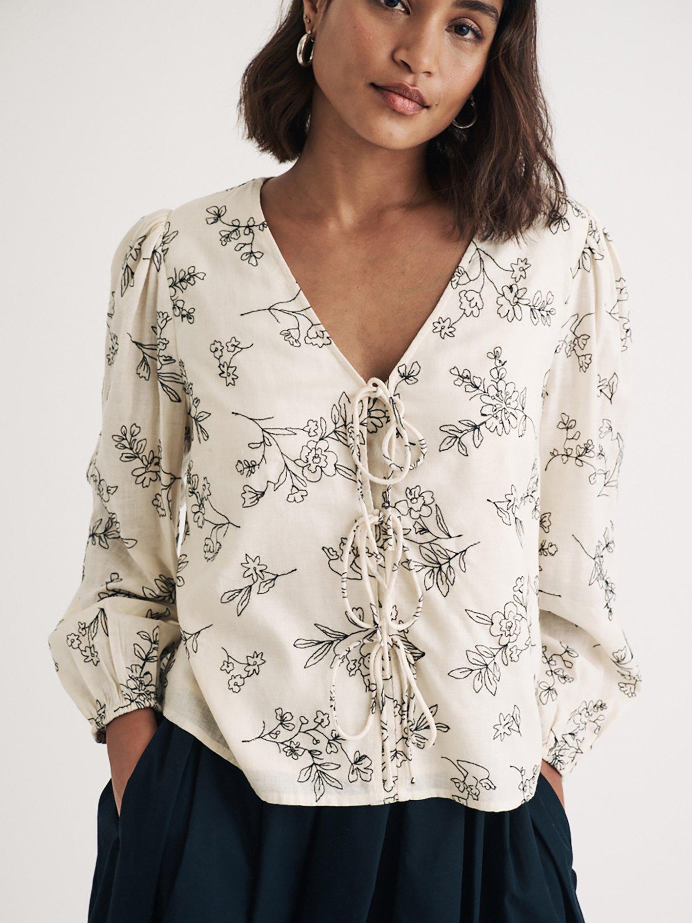 Image of Nobodys Child Printed Tie Detail Long Sleeve Blouse - White - Multi