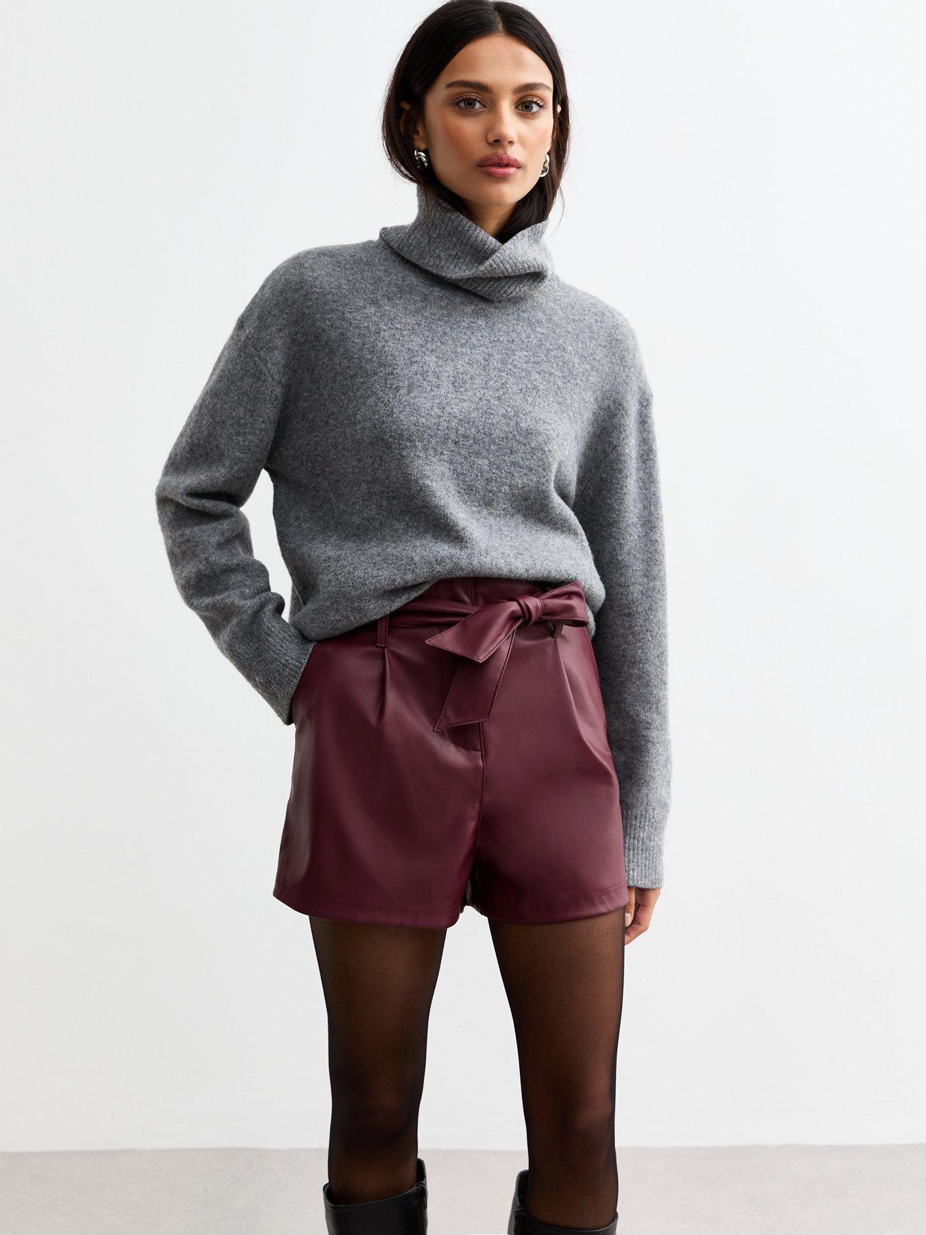 new-look-burgundy-tie-waist-faux-leather-shorts-red