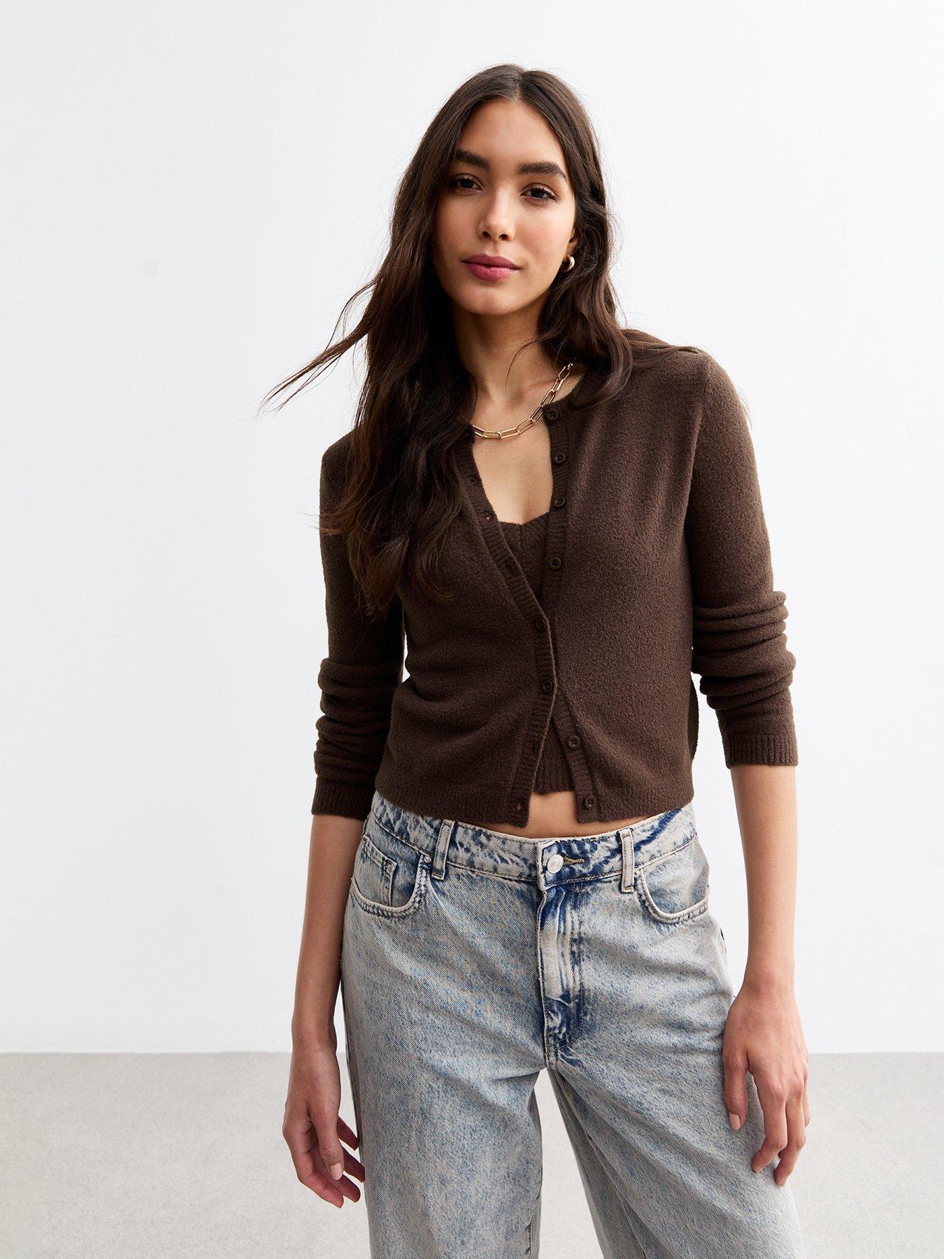 new-look-crew-neck-fluffy-knit-cardigan-brown