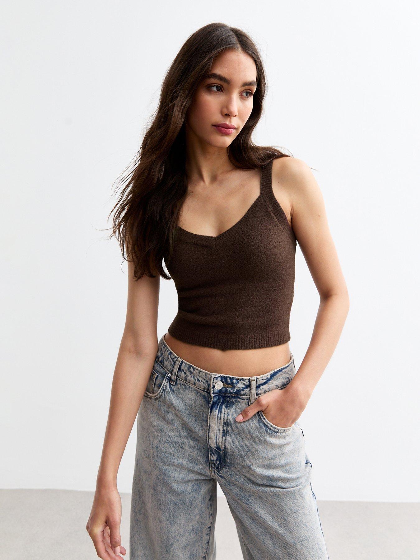 new-look-fluffy-knit-crop-vest-top-brown