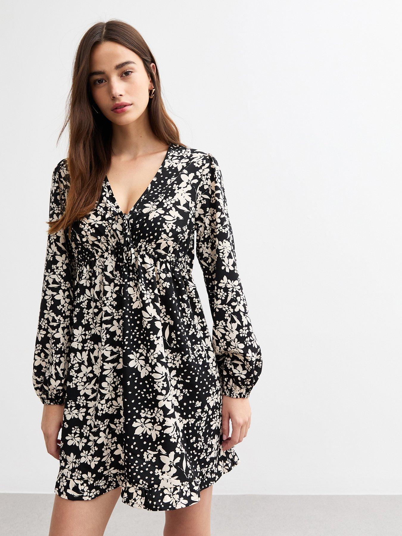 new-look-floral-v-neck-long-sleeve-mini-dress-black