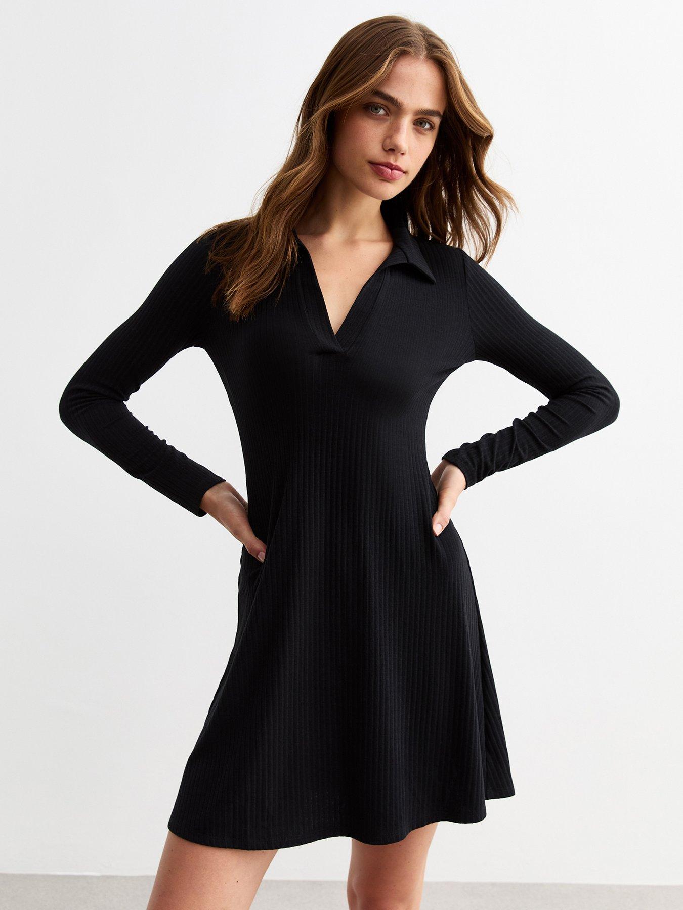 new-look-ribbed-jersey-long-sleeve-mini-skater-dress-black