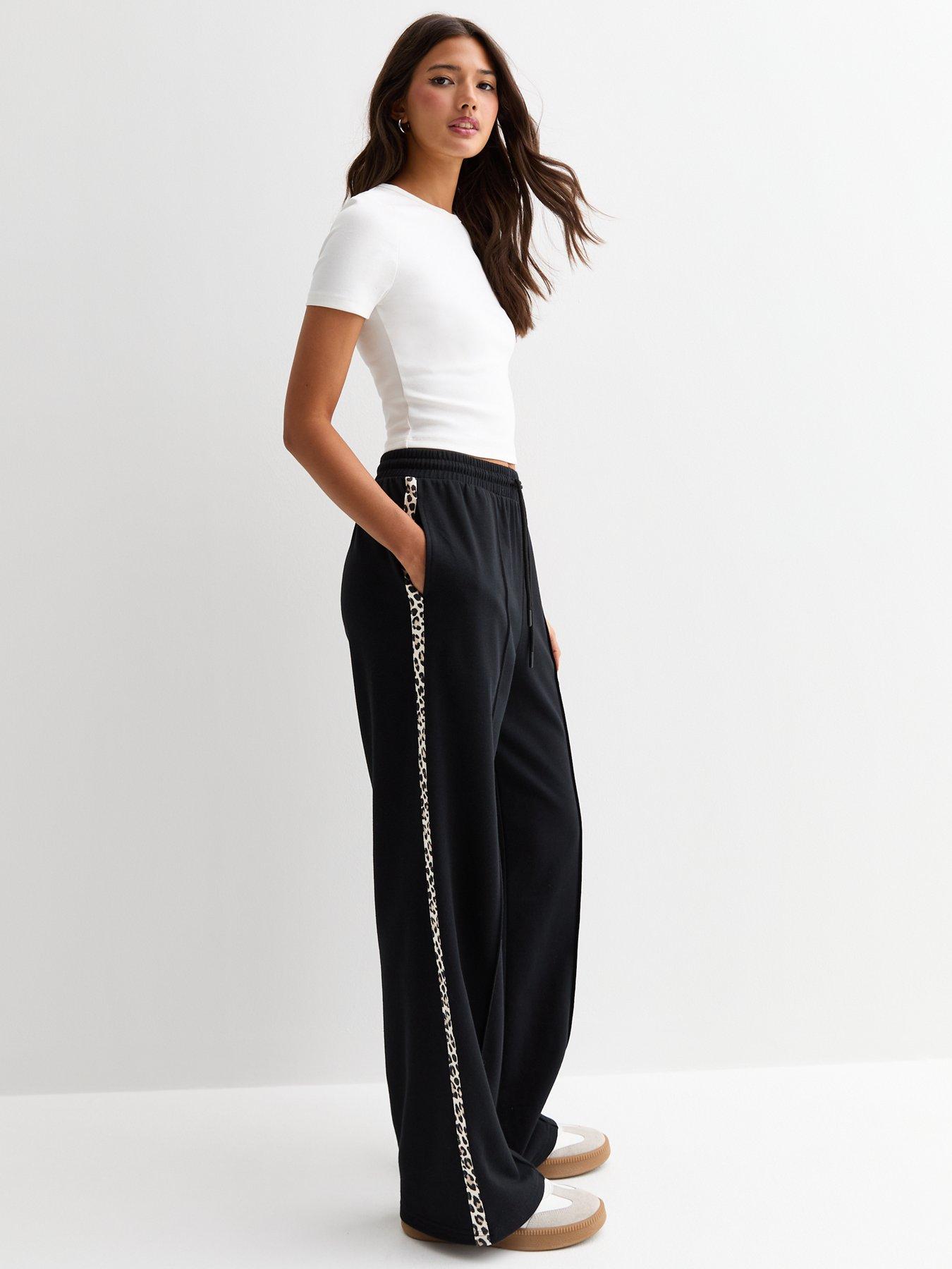 new-look-black-animal-print-side-stripe-wide-leg-joggers