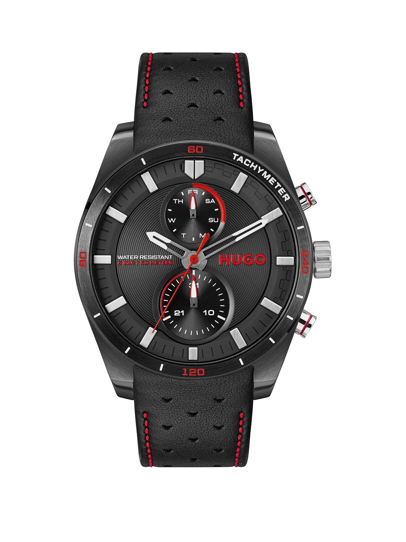 hugo-gents-hugo-fast-black-leather-strap-multifunction-watch