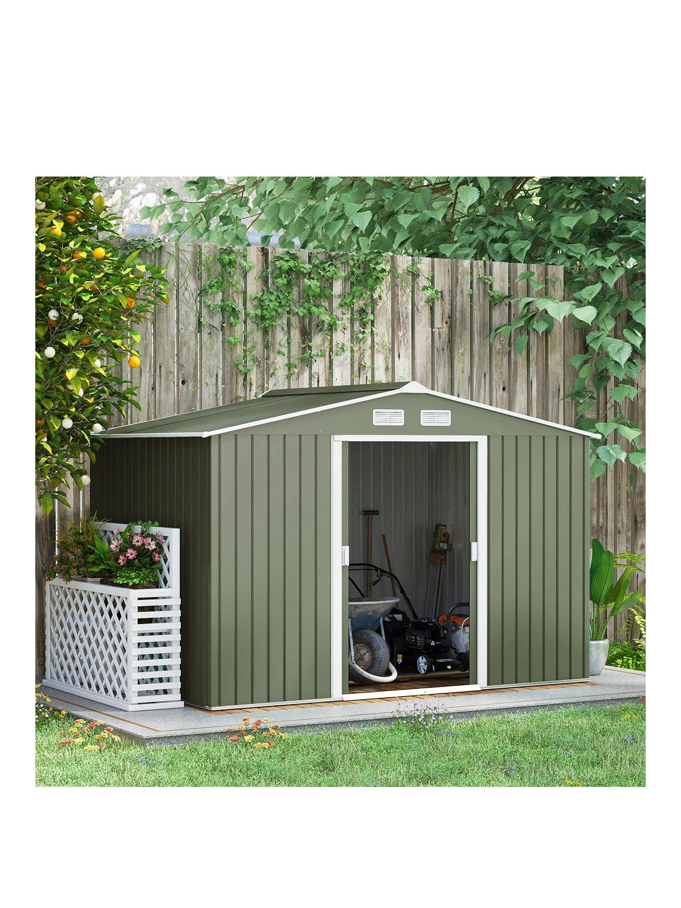 outsunny-9-x-6ft-metal-shed-with-ventilation-slots-floor-foundation-and-lockable-double-doorsfront