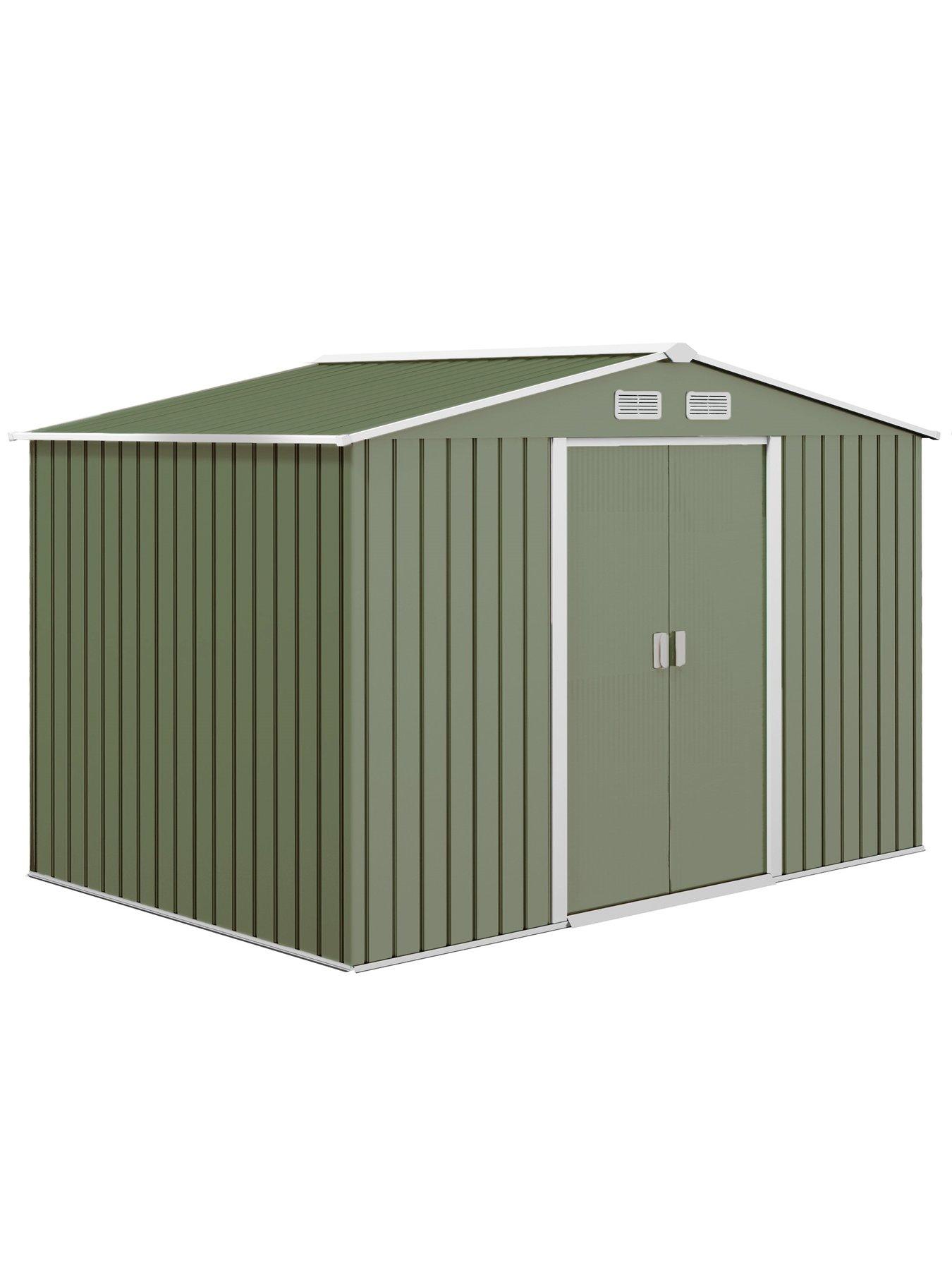 outsunny-9-x-6ft-metal-shed-with-ventilation-slots-floor-foundation-and-lockable-double-doorsstillFront