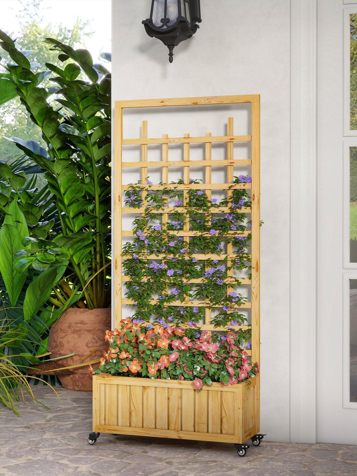 Image of OutSunny Wooden Trellis Planter, Raised Garden Bed with Wheels