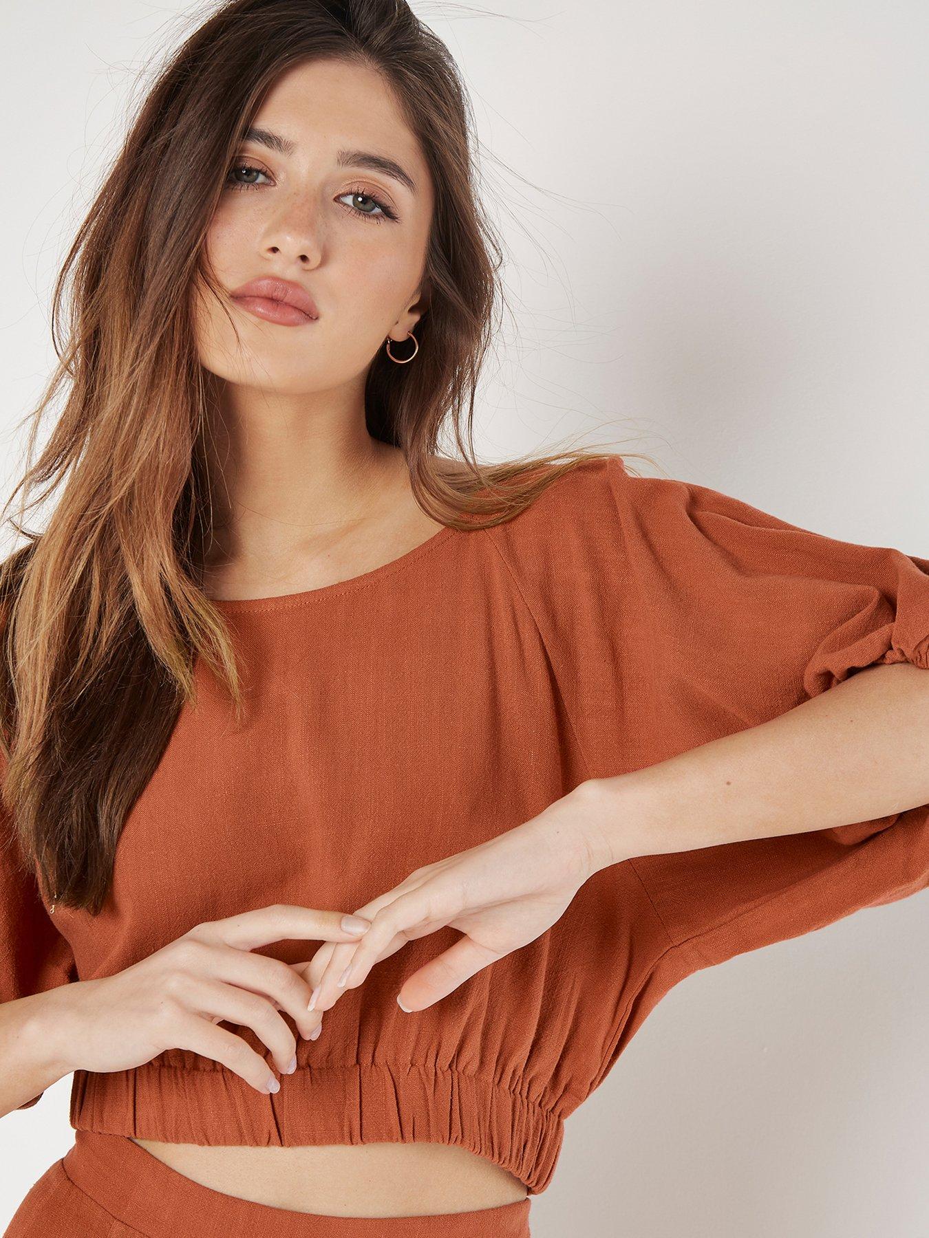 apricot-apricot-linen-mix-cropped-elastic-top