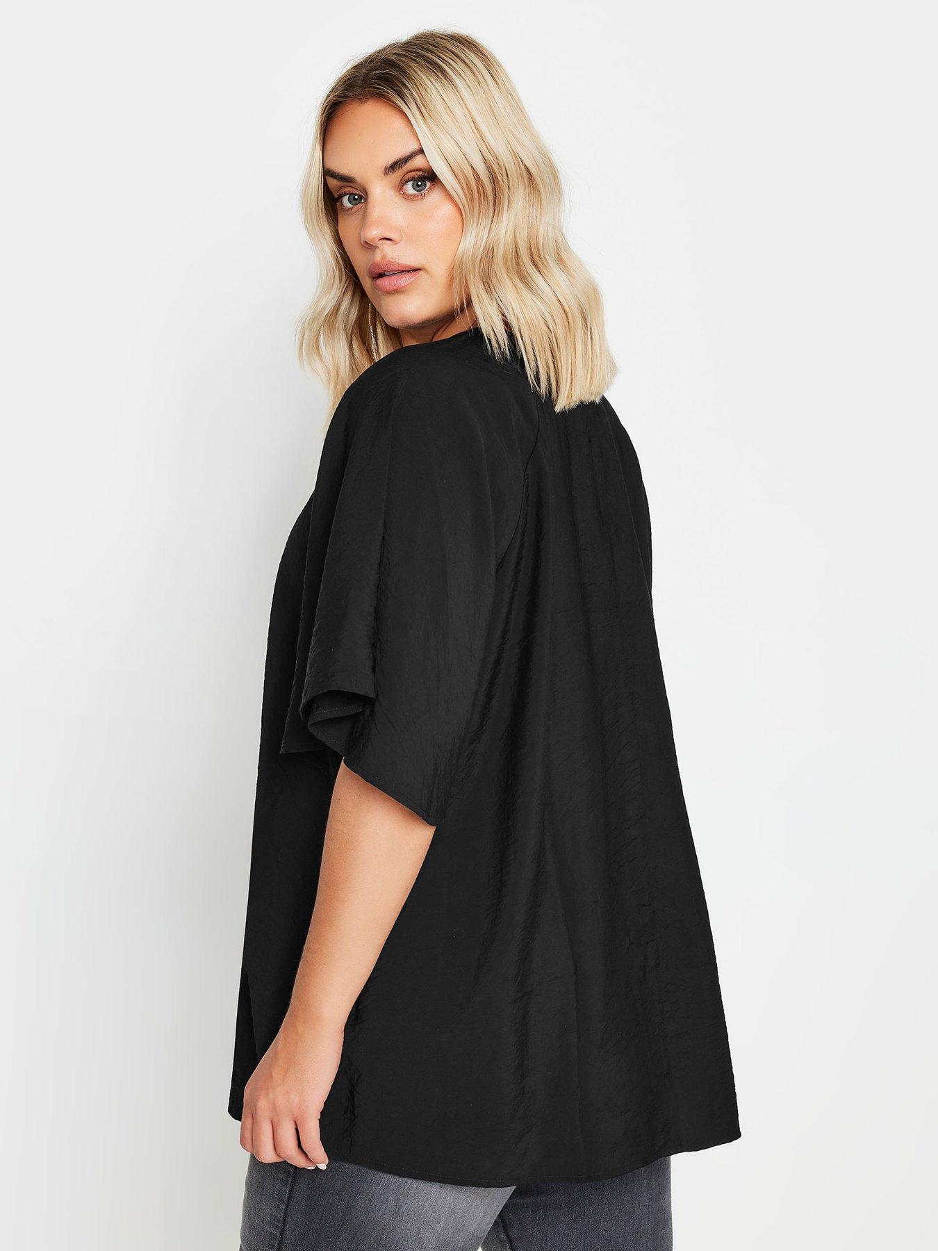 yours-curve-tie-neck-angel-sleeve-top-blackstillFront