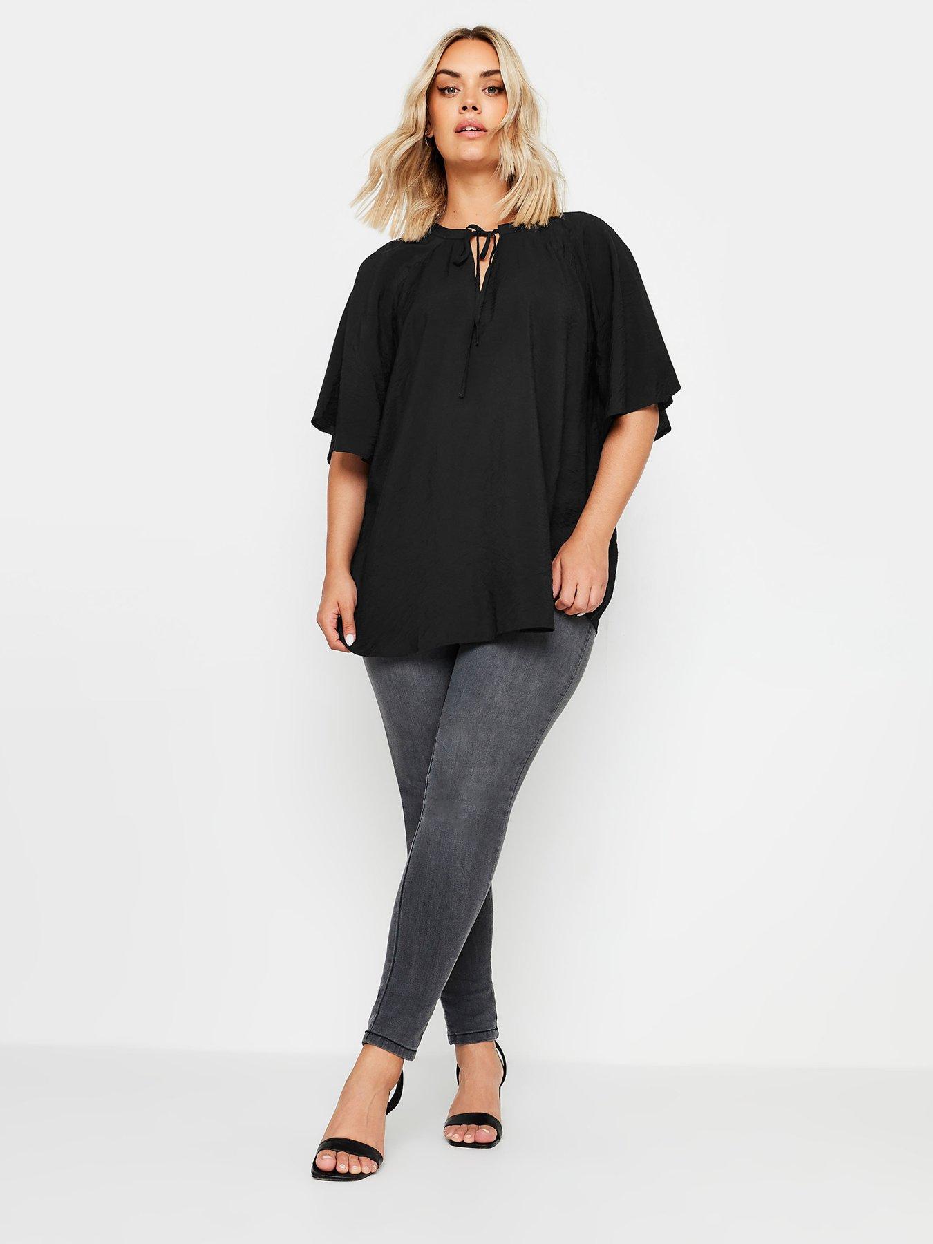 yours-curve-tie-neck-angel-sleeve-top-blackback