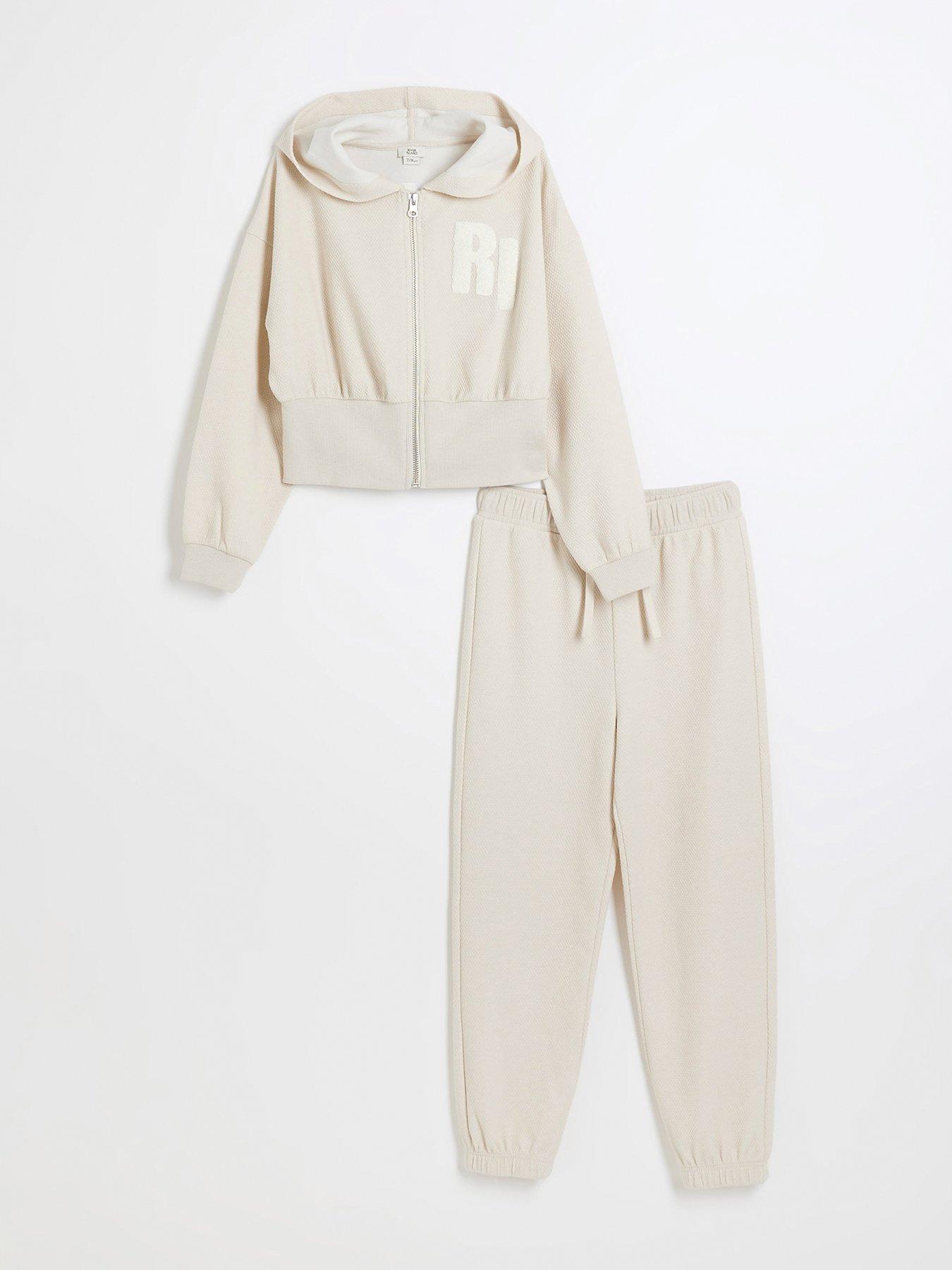 Girls Textured Hoodie And Joggers Set Cream